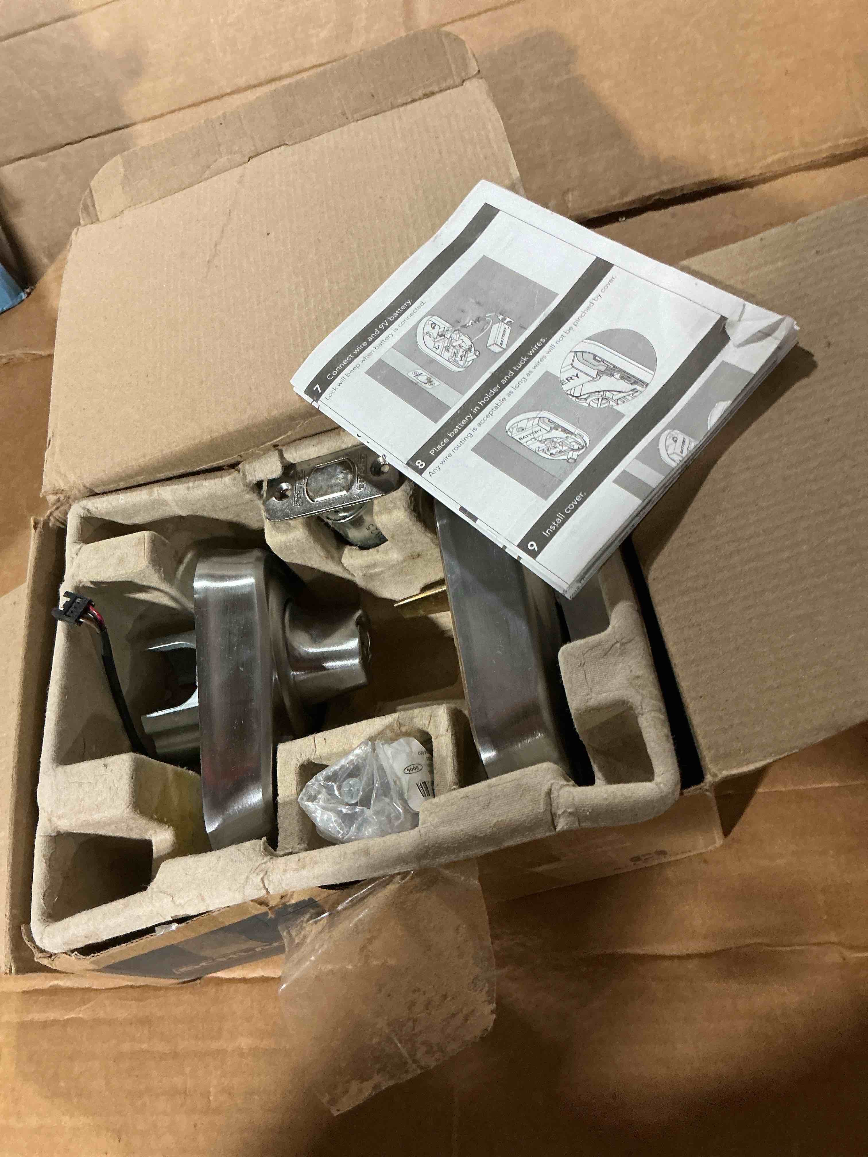 Condition photo showing As Is for schlage plymouth electronic keypad deadbolt lock, keyless front door entry, mechanical key backup included, satin chrome, be365 ply 626 satin chrome plymouth