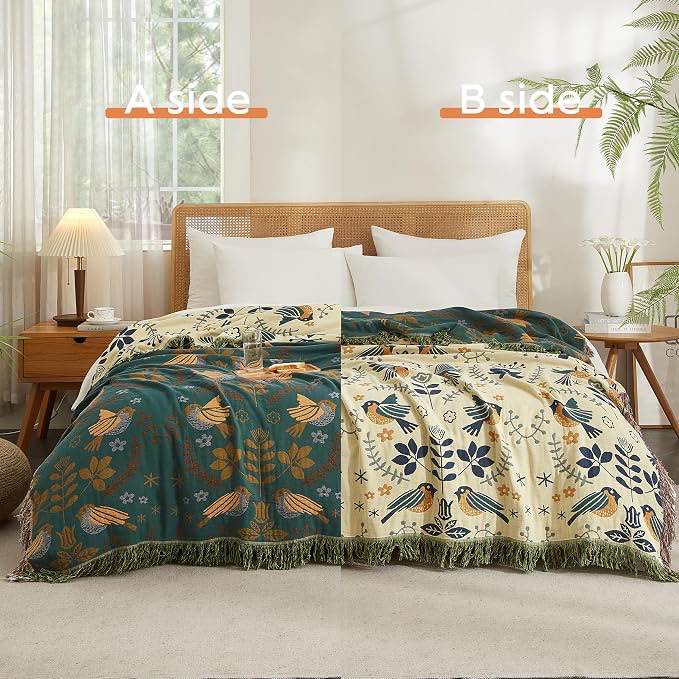 boho throw blanket for bed 60”x80”, 100% cotton woven blanket for couch sofa