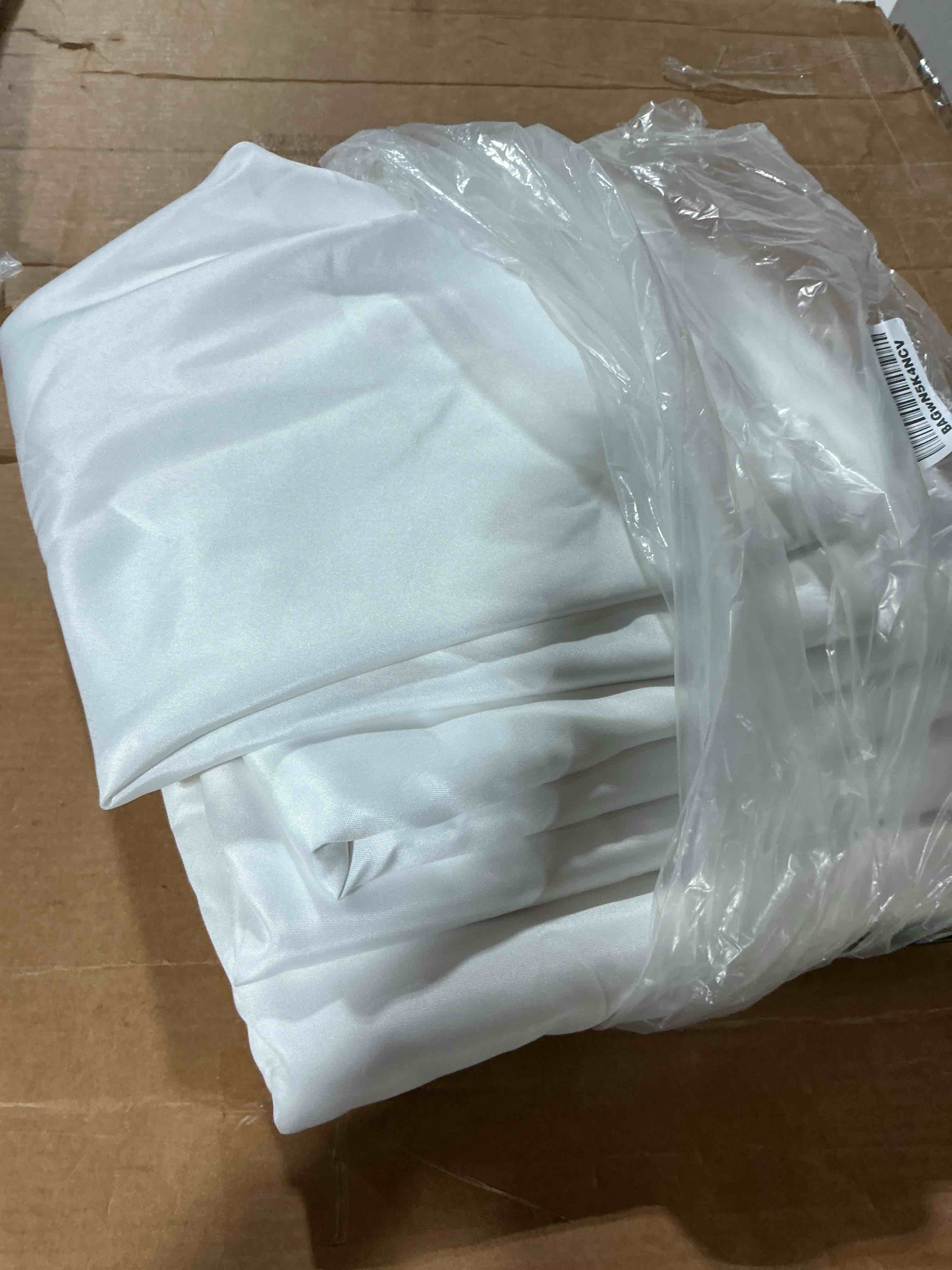 Condition photo showing As Is for fokitut 4-pack round tablecloth, 108 inch, stain resistant and wrinkle polyester table cloth, fabric table cover for kitchen dining, wedding, party, holiday dinner-white white 108''--6pack
