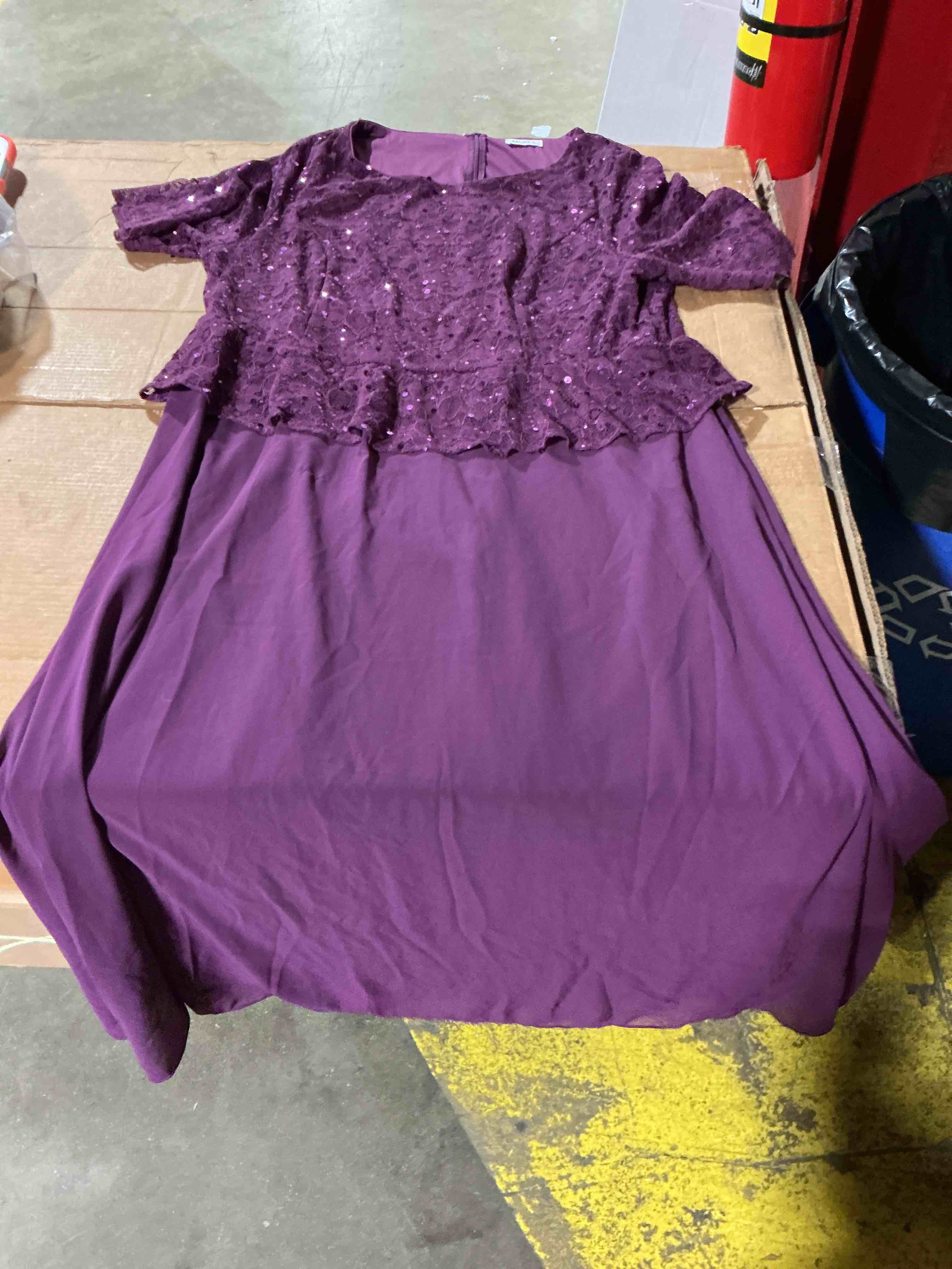 Condition photo showing As Is for mother of the bride dresses plus size purple formal wedding guest evening gowns sequin lace bodice, size 24 w