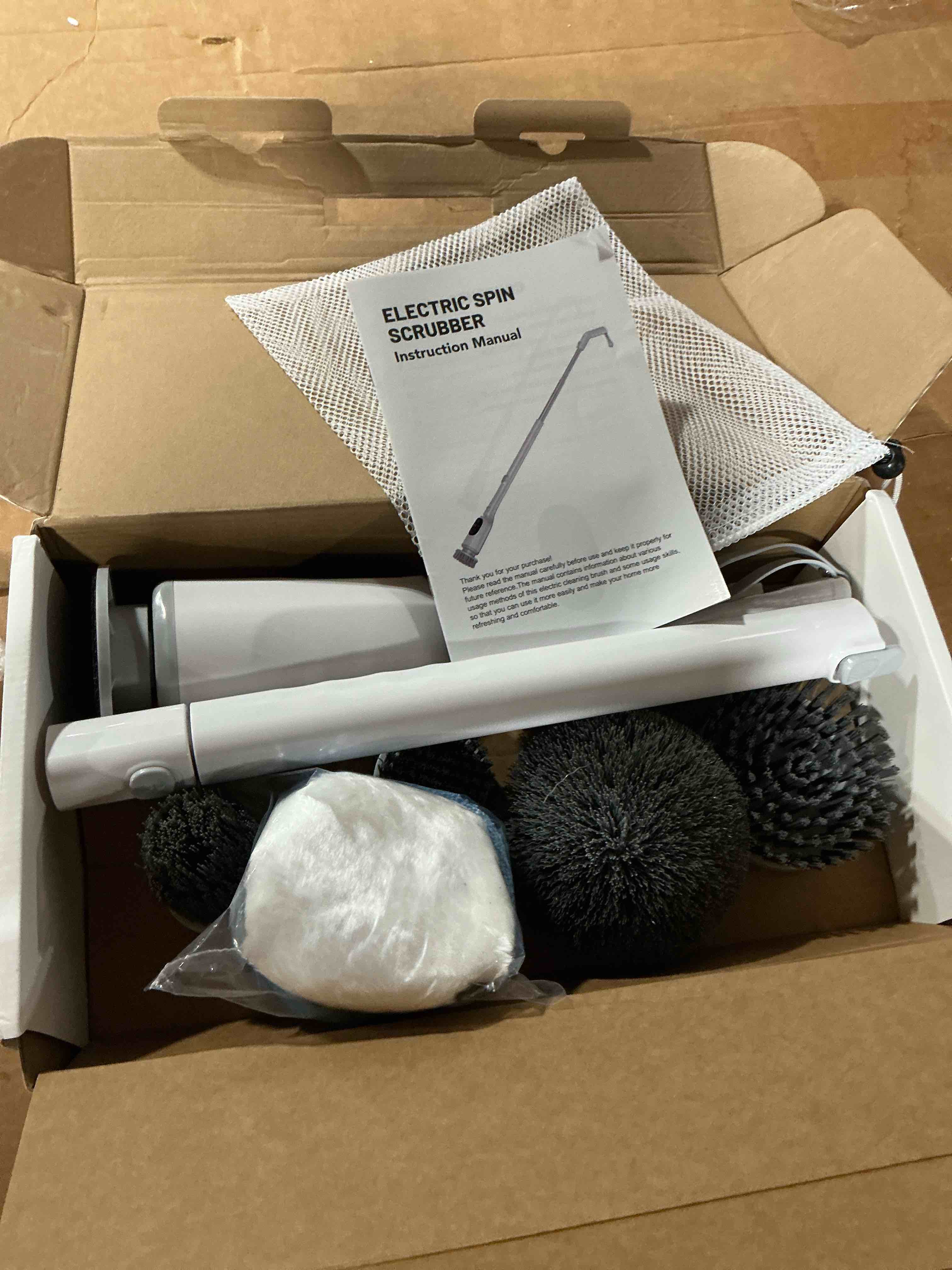 Condition photo showing As Is for electric spin scrubber, 200mins runtime bathroom scrubber with 3-speed & lcd display, full-body ipx7
