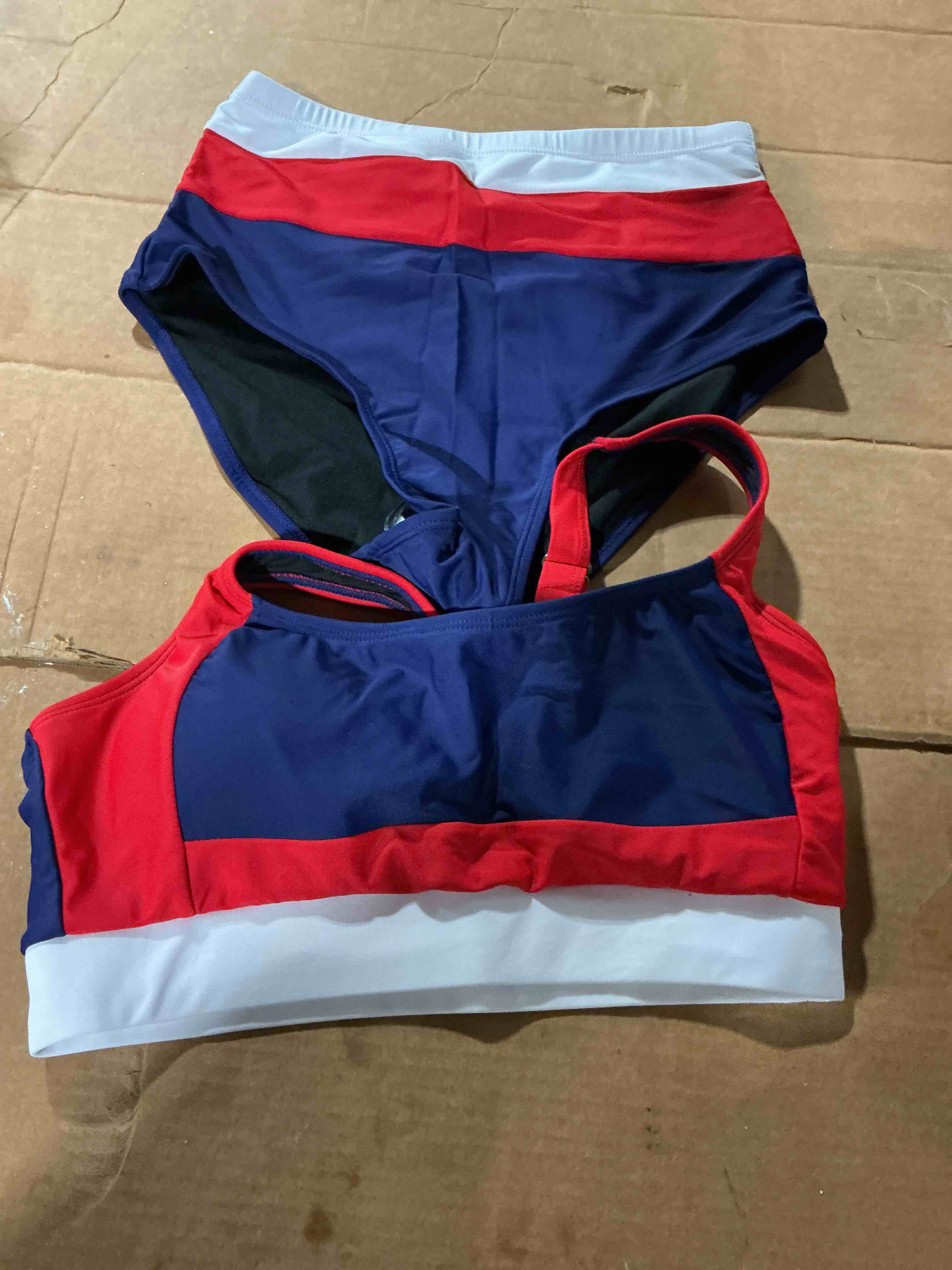 Condition photo showing Good Condition for herseas women 2 piece high waisted bikini sets colorblock sporty swimsuits wide straps bathing suit 2026 summer swimwear small navy blue