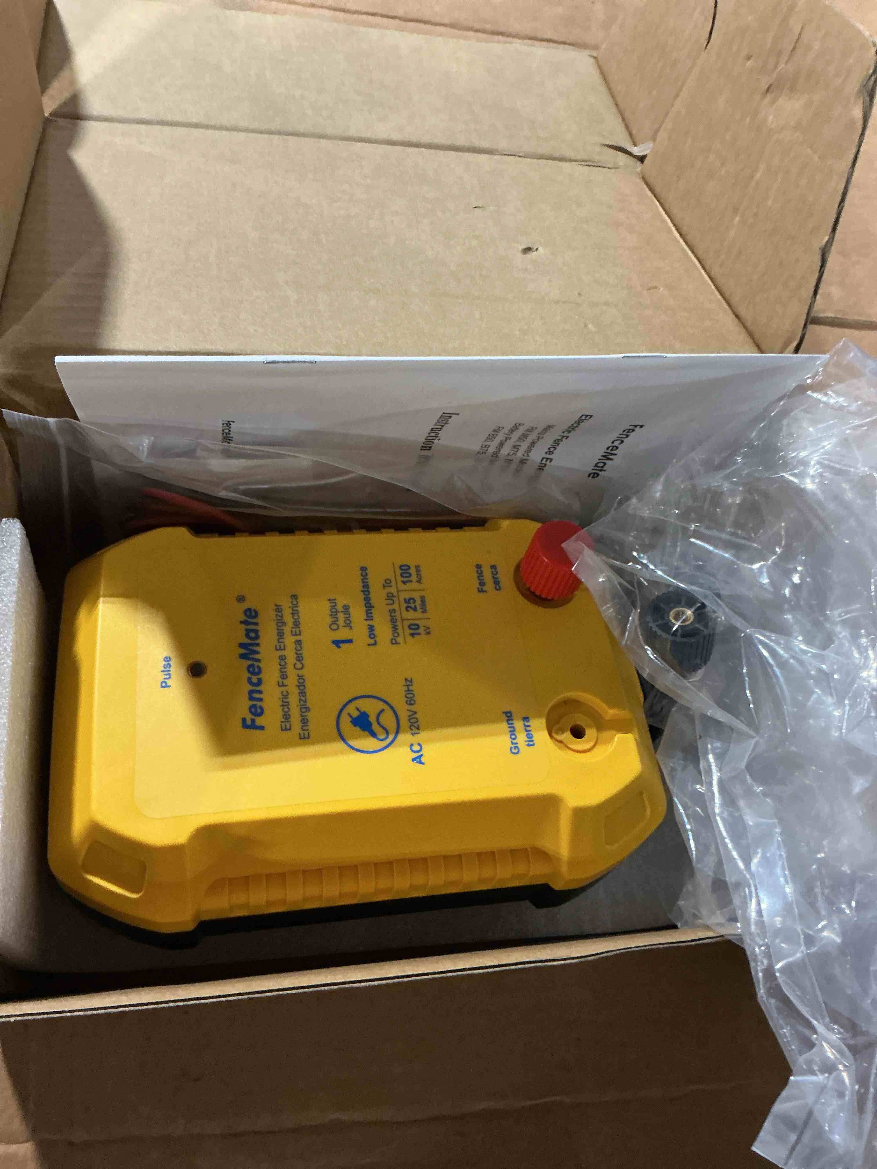 Condition photo showing As Is for fencemate battery powered electric fence charger output 0.5j up to 10 miles | to contain poultry, livestock, fencer to protect homestead, garden, pond, orchard,peak 10 kv, low impedance fence energizer 0.5j, 12v battery not included