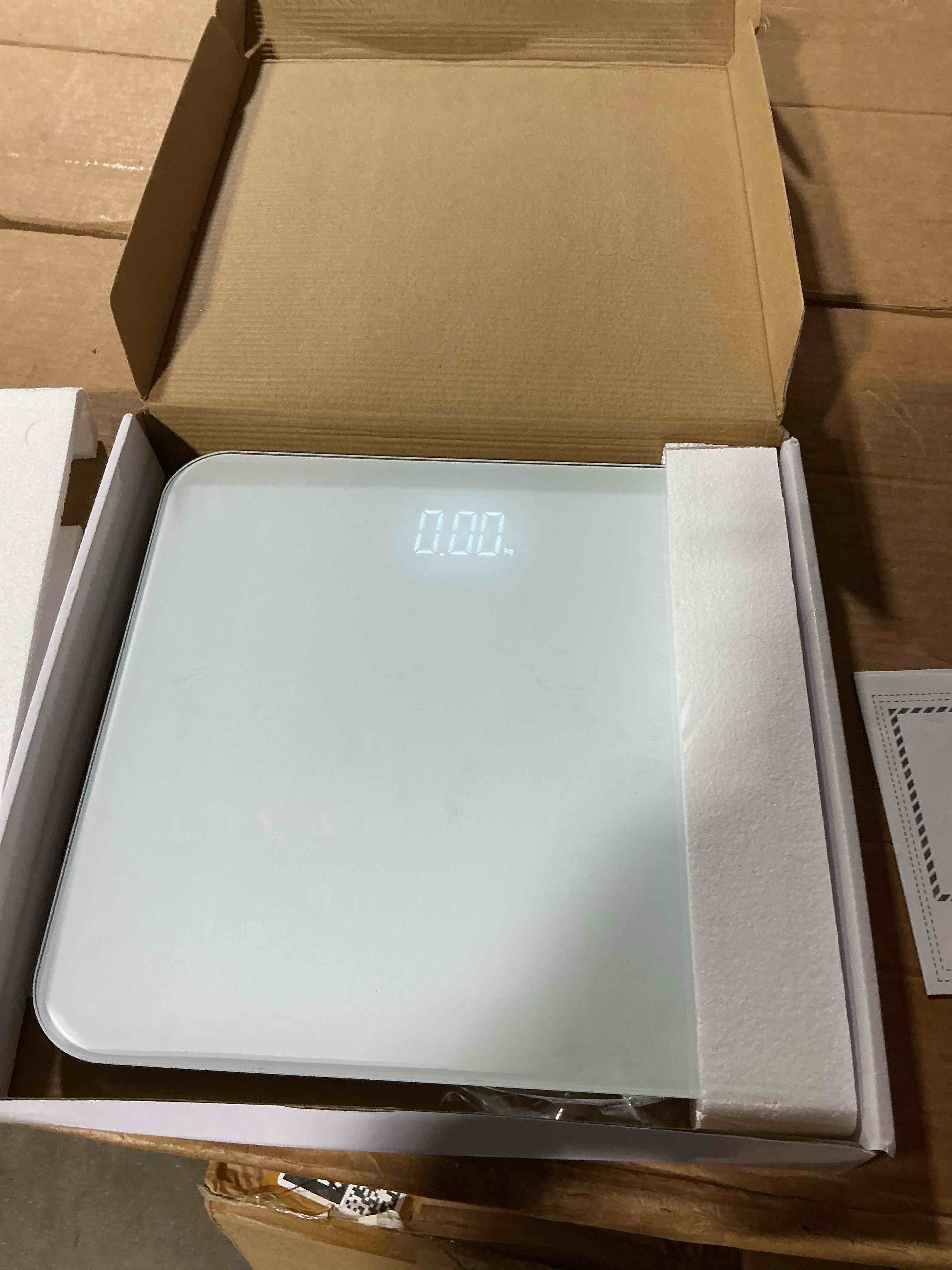 Condition photo showing Good Condition for digital scale for body weight, highly accurate bathroom scale with invisible led display & step-on technology, shatter-resistant tempered glass & anti-skid base for home gym, 400 lbs white 11in*11in