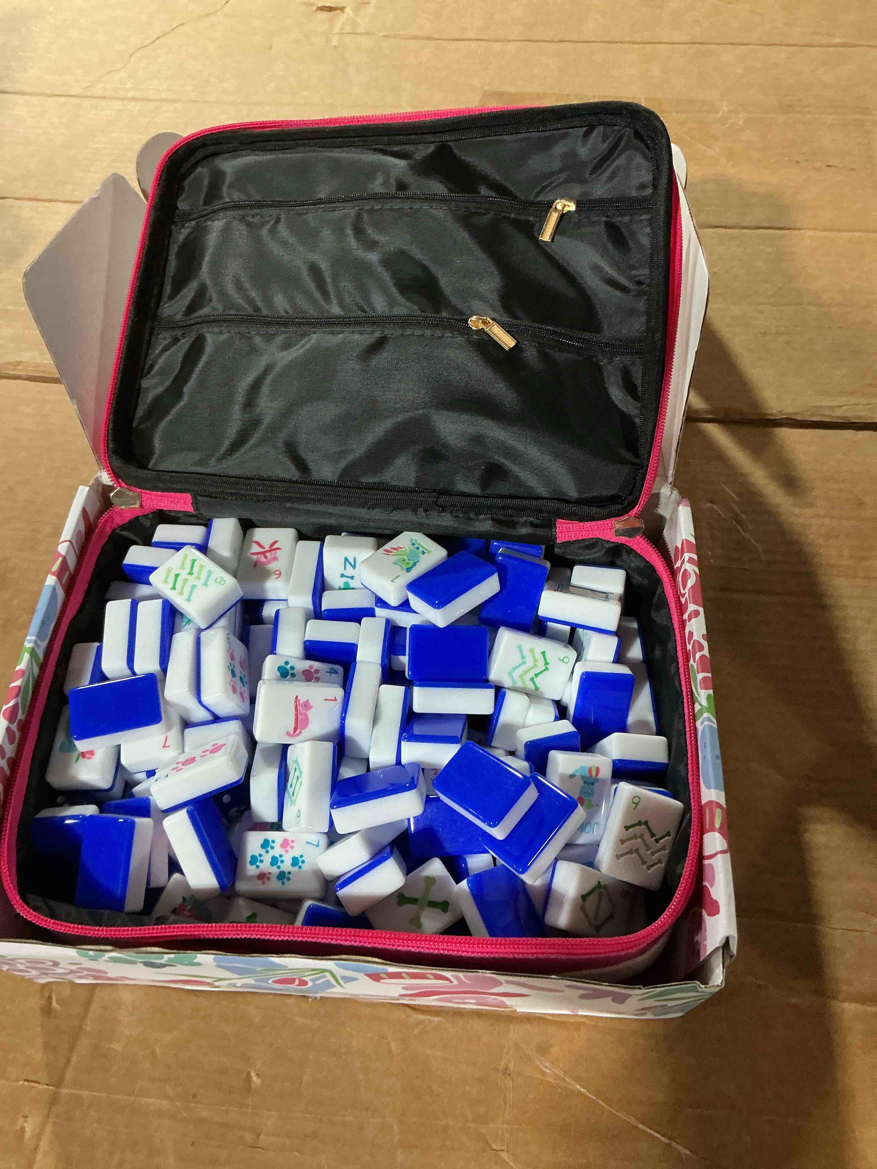 Condition photo showing As Is for dogs and cats themed mahjong tile set - 160 acrylic engraved tiles & american mahjong travel set | unique for pet lovers and mahjong enthusiasts | novelty animal themed game for family red