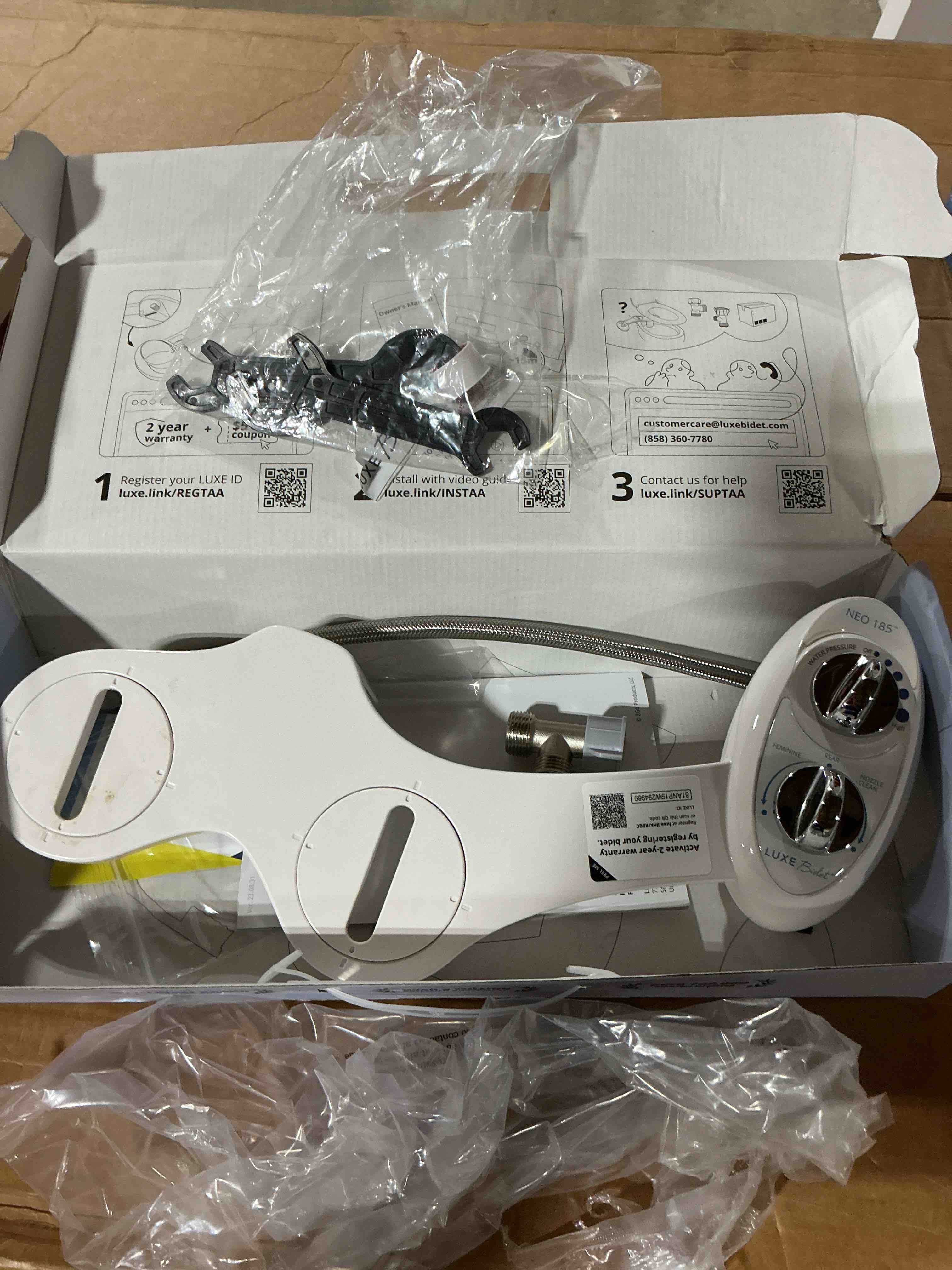 Condition photo showing As Is for luxe bidet neo 185 - dual nozzle, self-cleaning, non-electric bidet attachment for toilet seat, adjustable water pressure, rear & feminine wash (white)