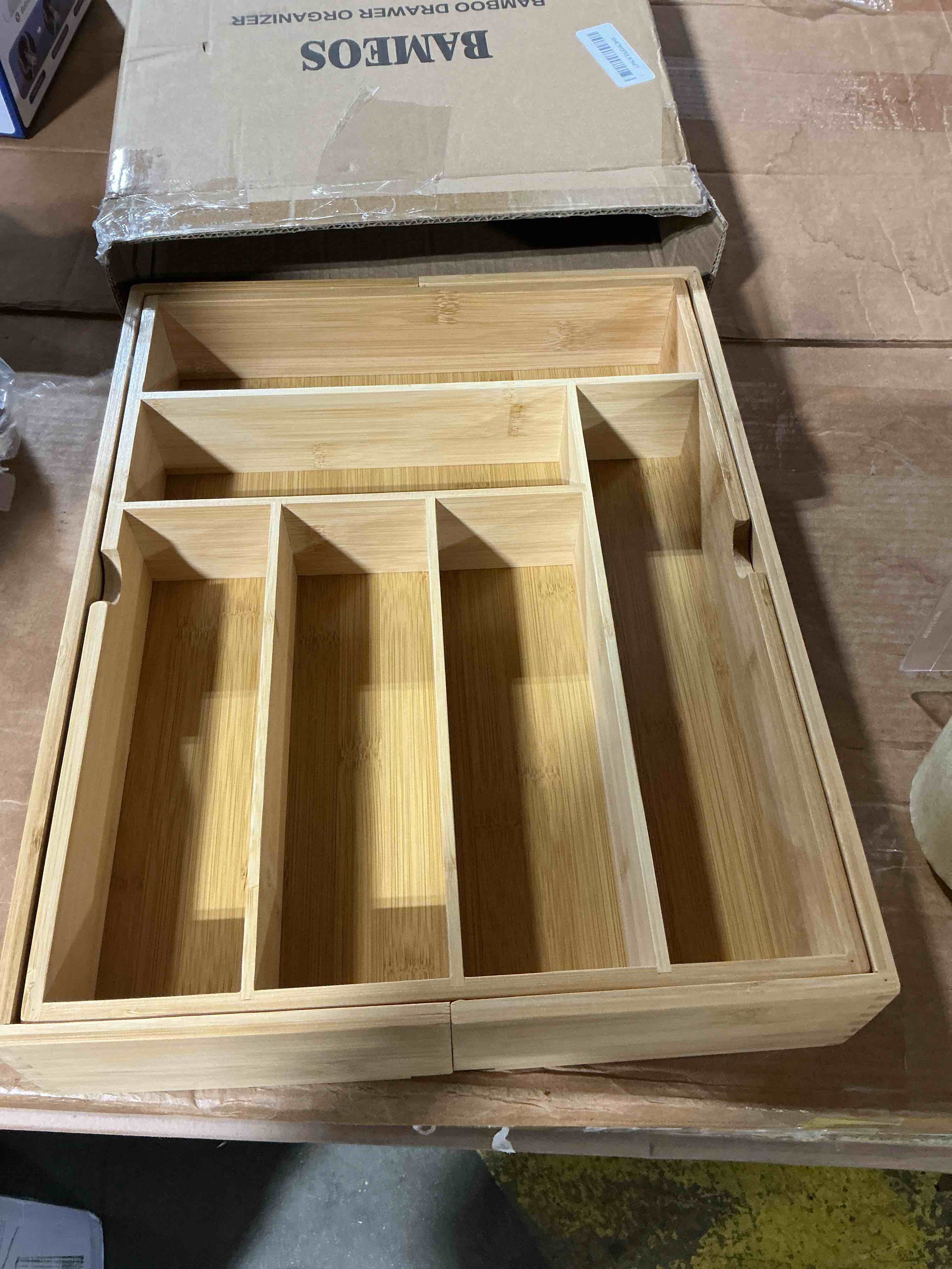 Condition photo showing New/Like New for bameos 3" deepth expandable drawer organizer, deep flatware organizer, adjustable silverware organizer, bamboo drawer organizer for kitchen, bathroom (natural) 3''h 22x16