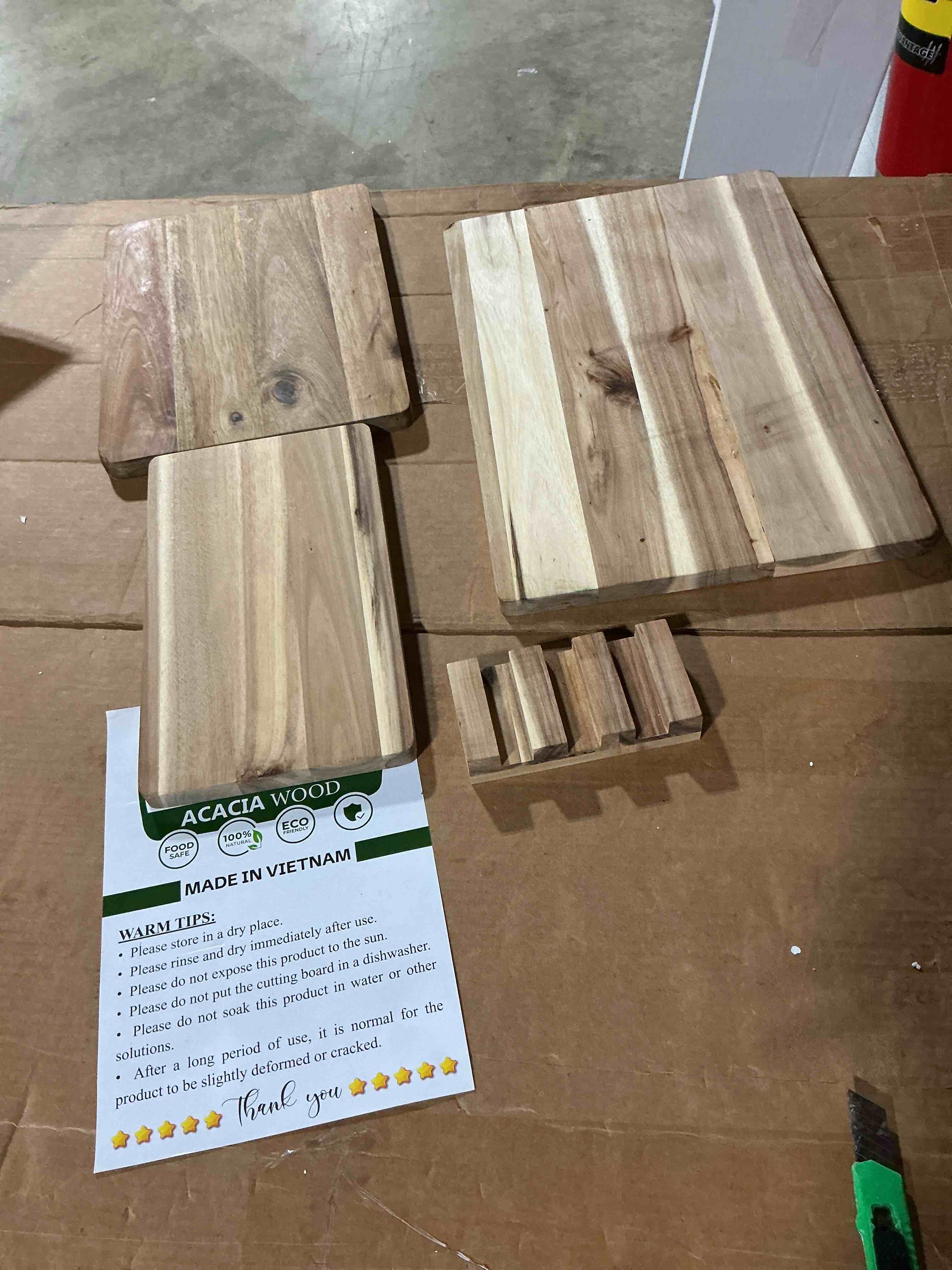 Condition photo showing As Is for kolwoven wood cutting boards for kitchen - set of 3, wooden cutting board set with holder for chopping meat, cheese, fruits, vegetables, knife friendly serving tray
