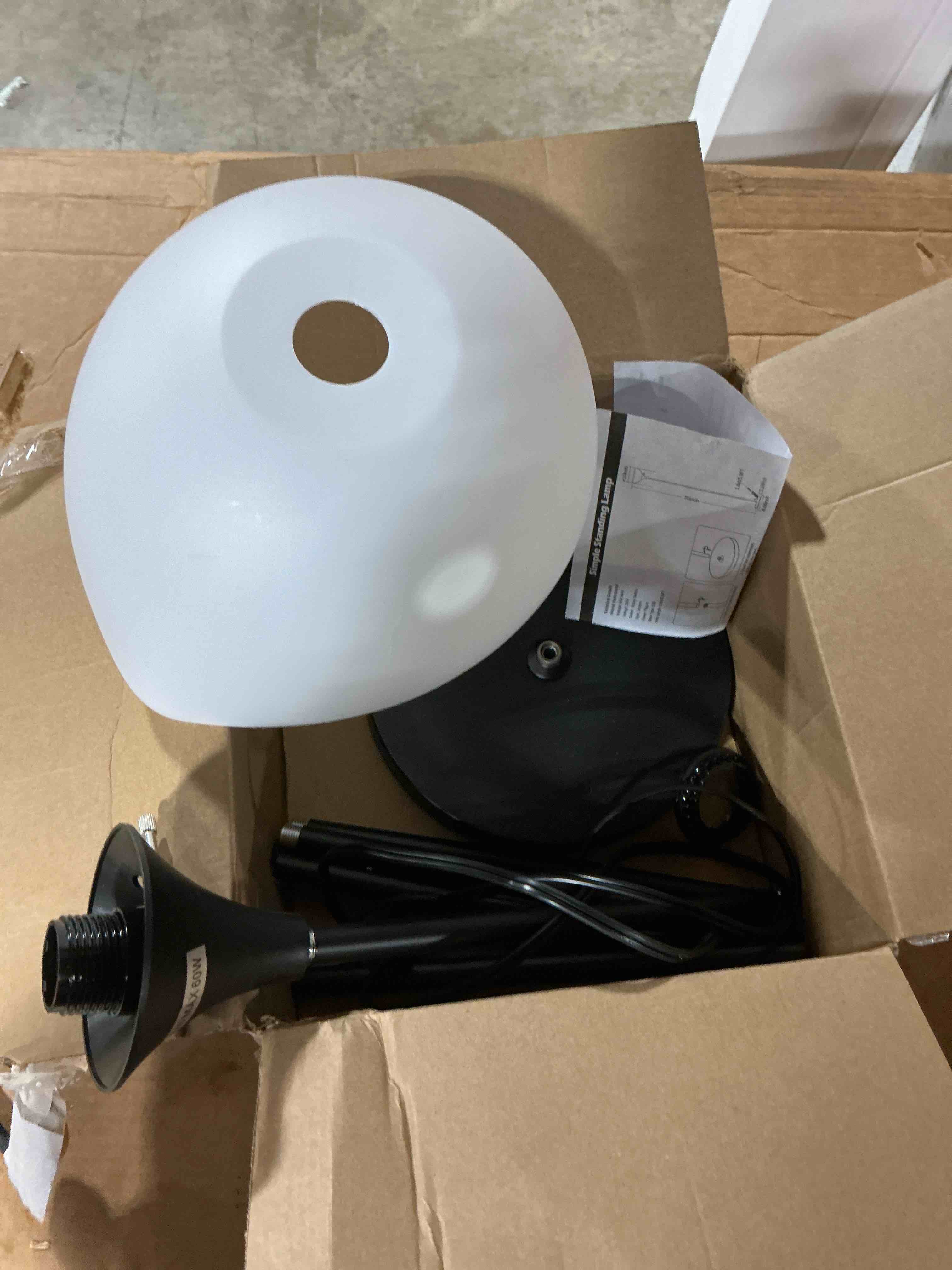Condition photo showing As Is for coucrek floor lamp, led standing lamps with white plastic shade, black modern torchiere floor lamp, tall lamps for living room dorm, bulb not included
