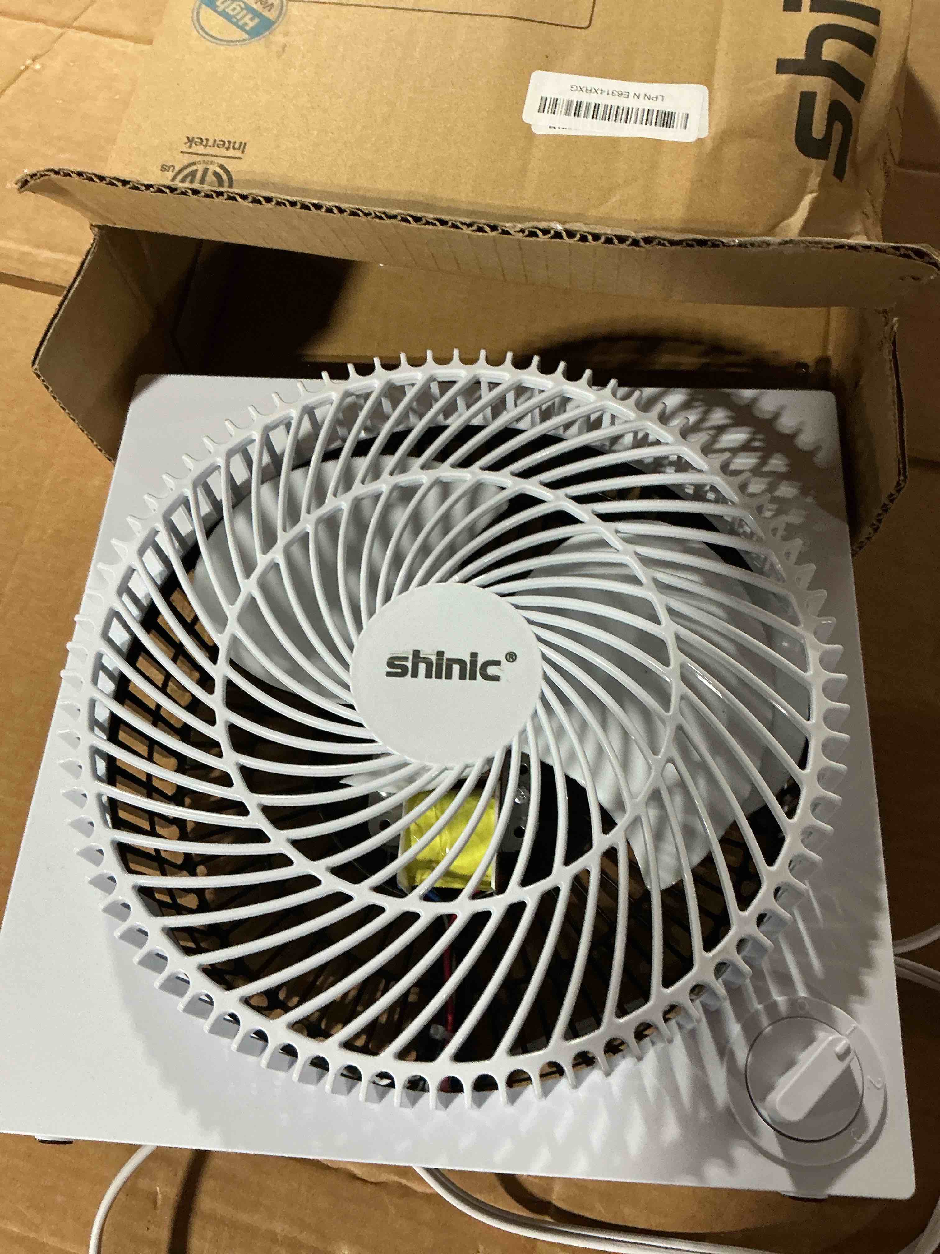 Condition photo showing As Is for shinic 9 inch frameless box fan, 3-speed lightweight window fan with abs plastic housing, etl listed small cooling fan for bedroom, home office, kitchen, garage