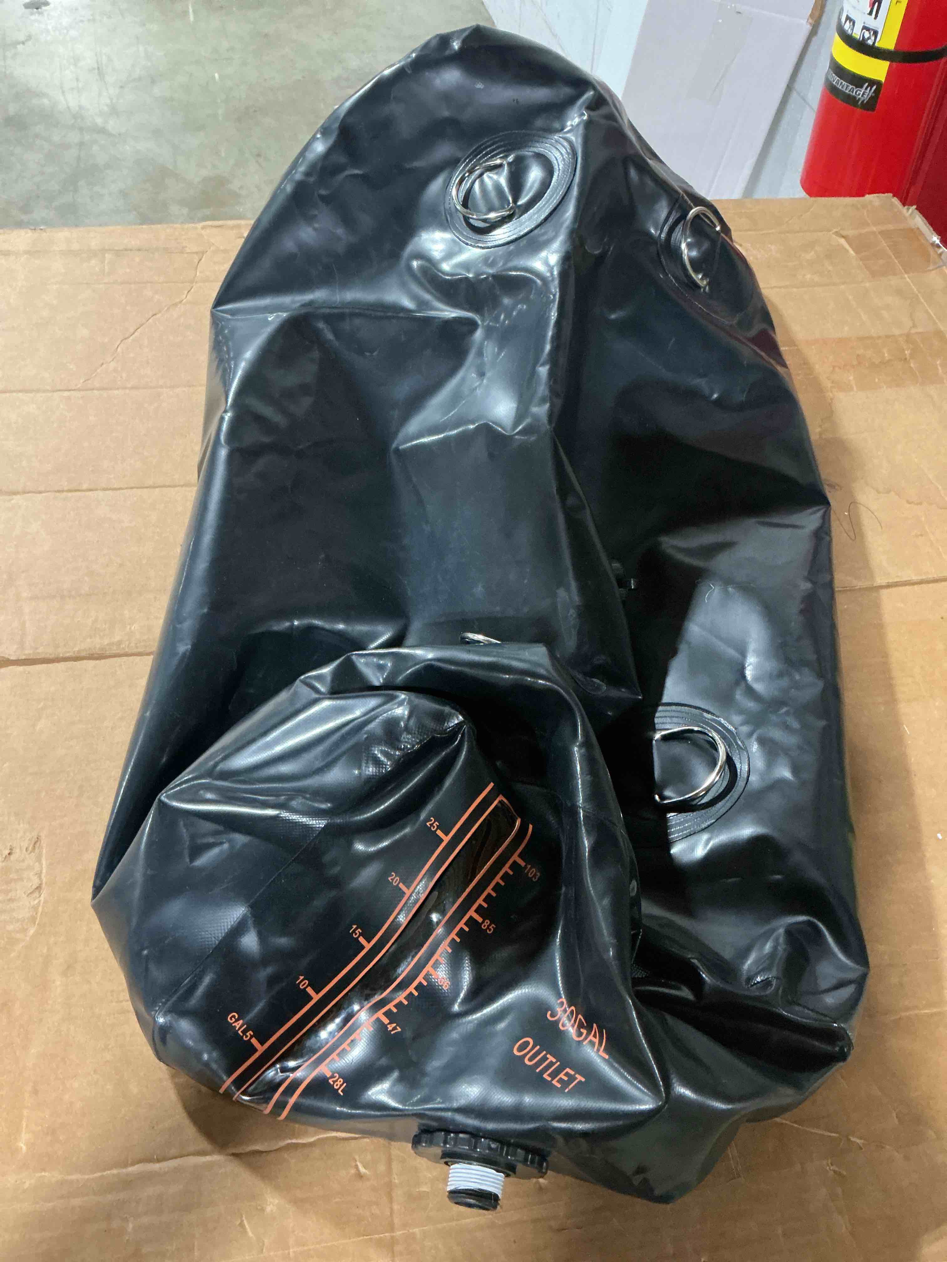 Condition photo showing As Is for 30 gallons collapsible pvc water tank with 3/4 spigot and overflow kit, black. similar stock photo ( see additional photo )