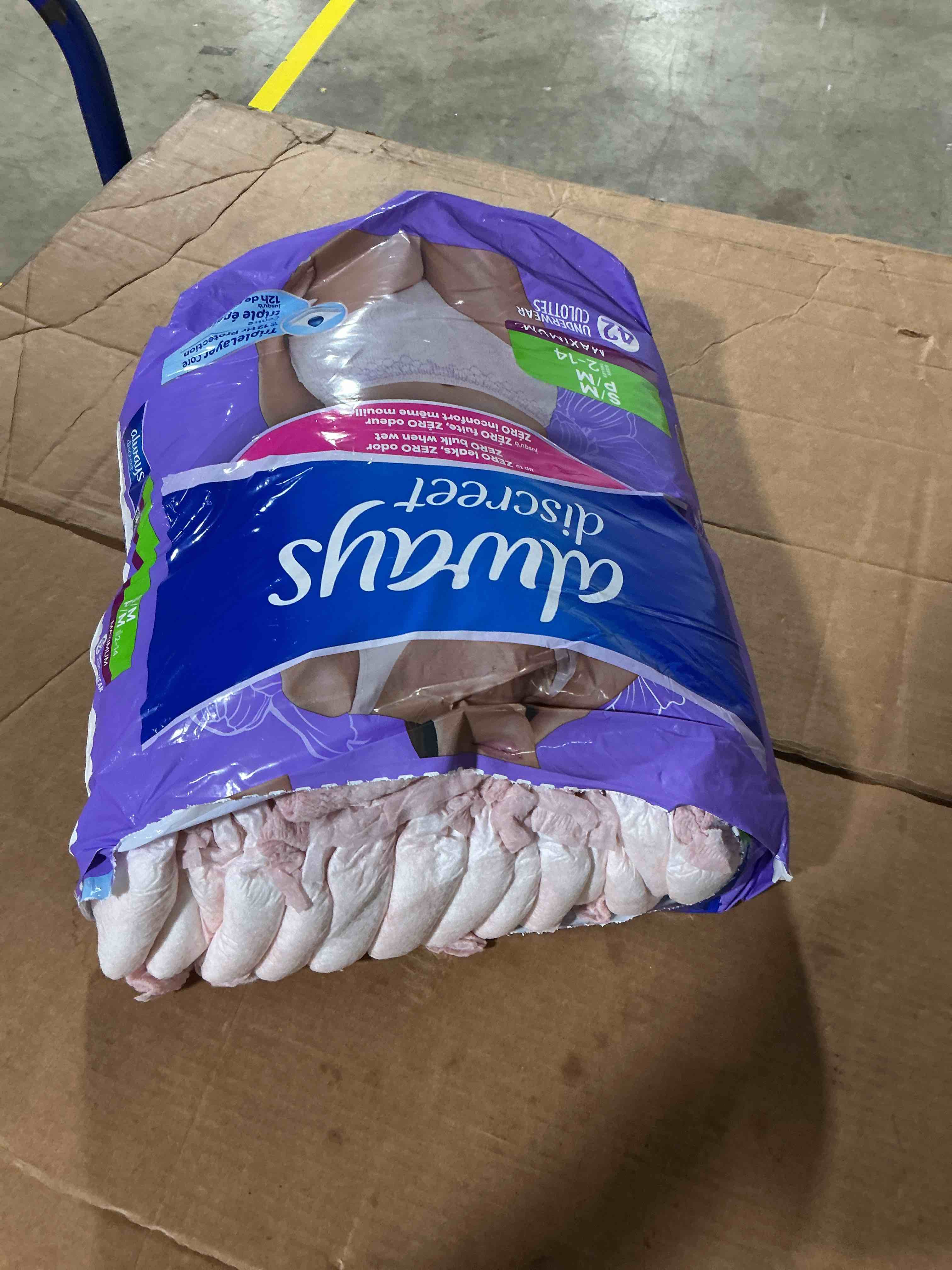 Condition photo showing As Is for always discreet adult diapers for women, incontinence underwear, postpartum essentials, disposable briefs, max absorbency, bladder leak protection, small/medium, 42-ct small/medium 42