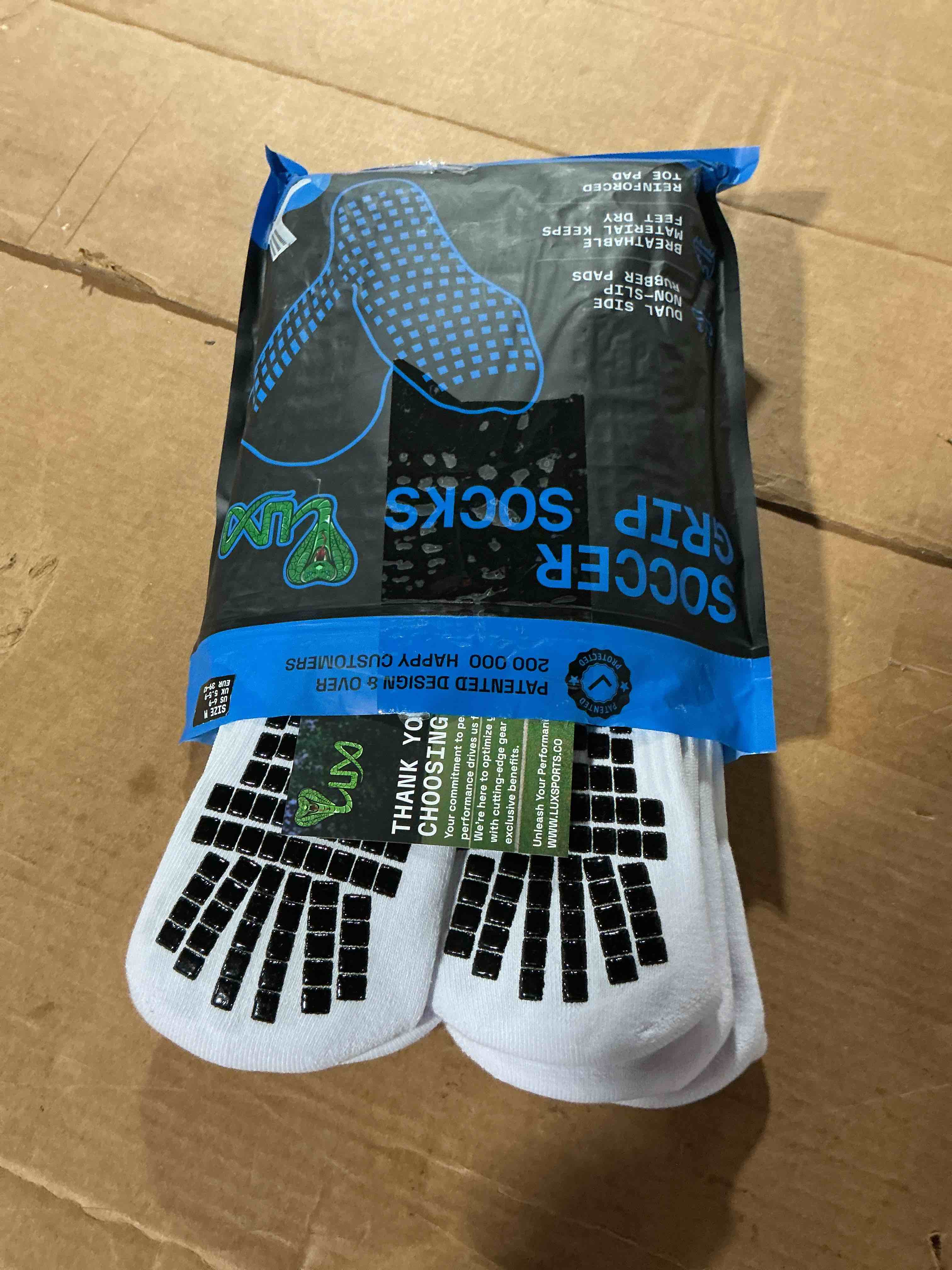 Condition photo showing Good Condition for lux sports dualgrip crew socks - large, pack of 3, white - moisture-wicking comfort & secure mid-calf fit - non slip soccer grip socks - enhanced field traction for football boots & soccer gear
