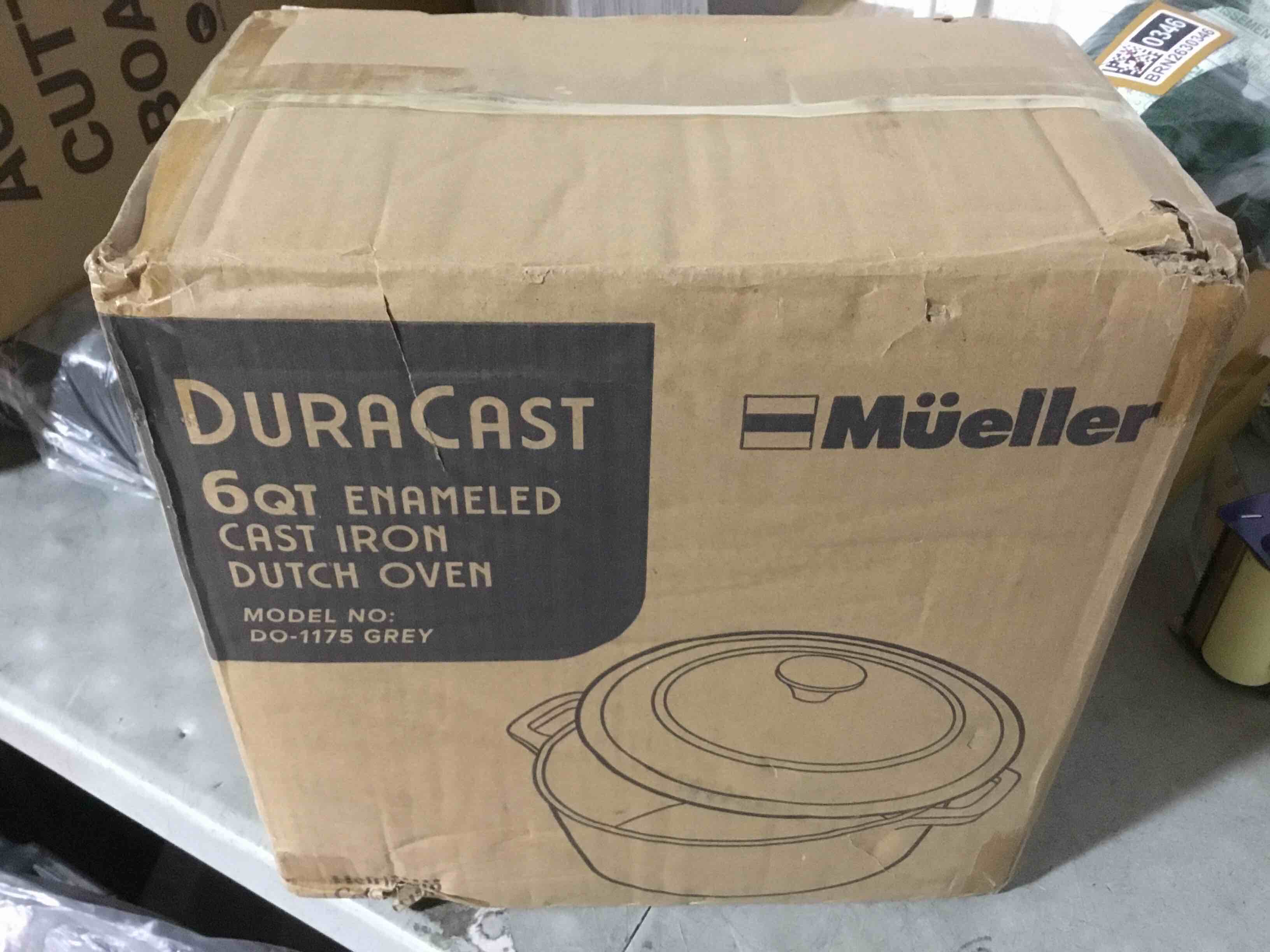 Condition photo showing New/Like New for Mueller 6 Quart Enameled Cast Iron Dutch Oven, Heavy-Duty Casserole and Braiser Pan with Lid and Knob, Safe for All Cooktops 6 Quart Gray