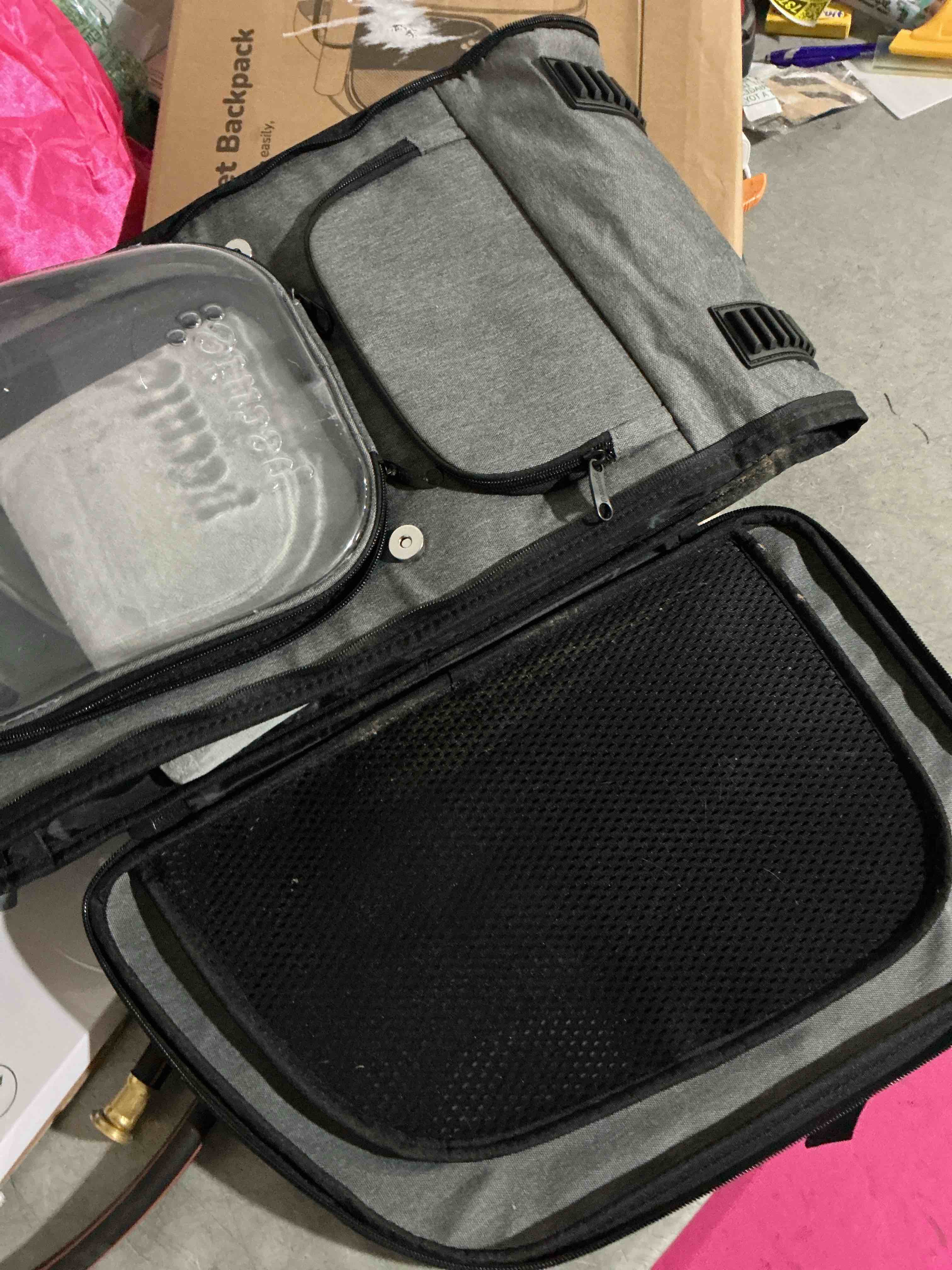 Condition photo showing As Is for (used) pecute cat backpack carrier, large space cat bubble backpack, breathable cat carrier, shaded dog backpack carrier, ergonomic 3d design for travel, hiking, suitable for shopping, and vet, gray