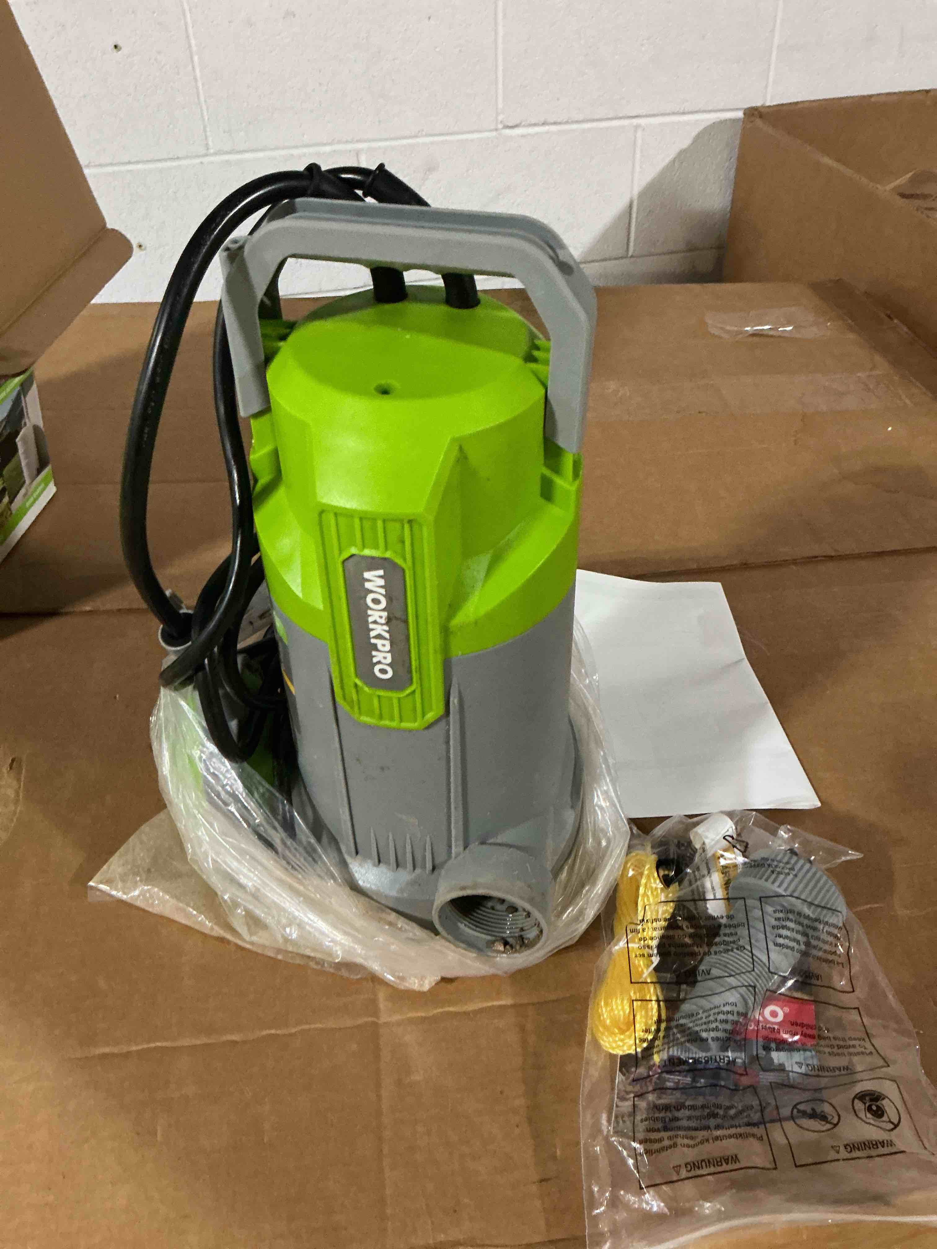 Condition photo showing As Is for workpro submersible water pump, 1hp 4500 gph sump pump with automatic float switch for transferring clean or dirty water, a water pump for pool draining, flooded basement, pond, and garden irrigation