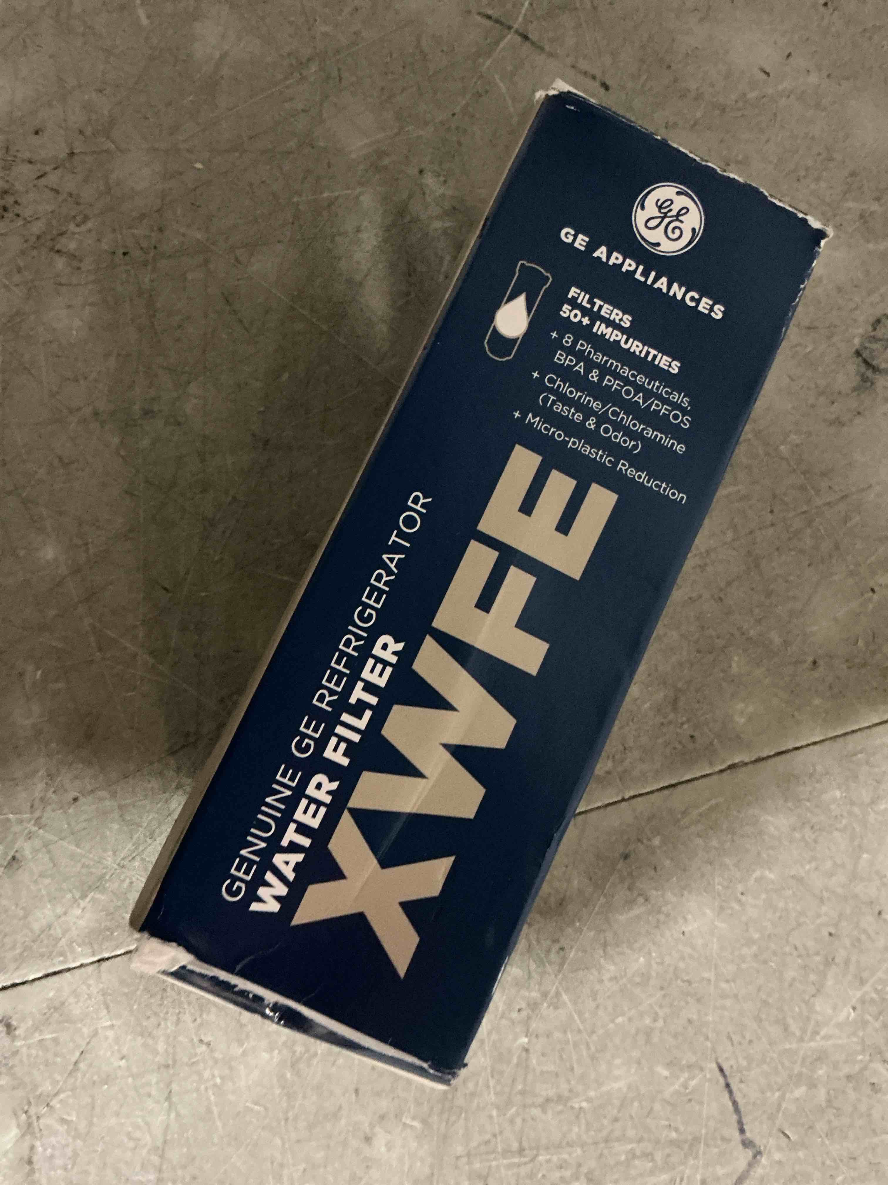 Condition photo showing As Is for ge xwfe refrigerator water filter, genuine replacement filter, certified to reduce lead, sulfur, and 50+ other impurities, replace every 6 months for best results, pack of 1