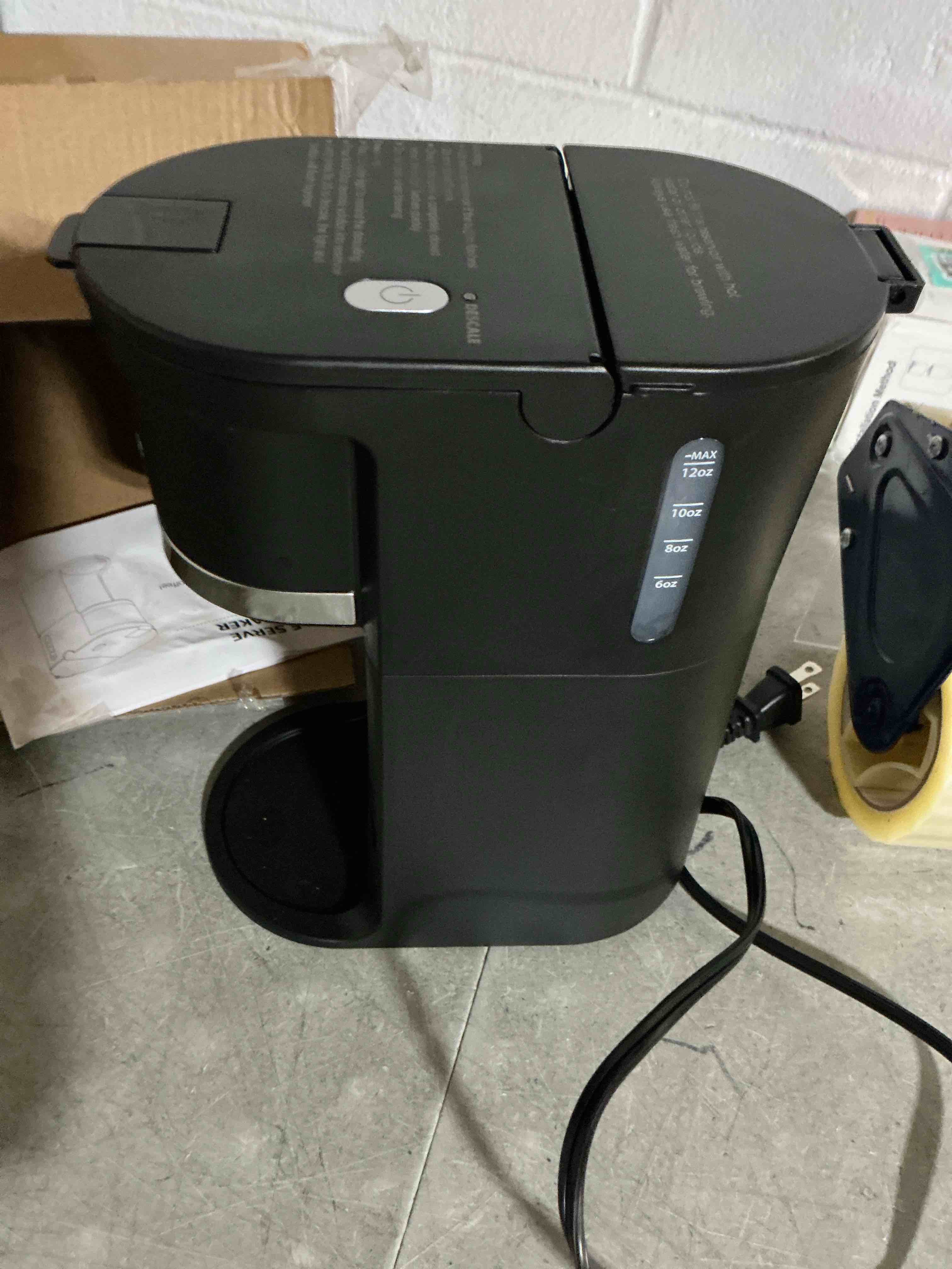 Condition photo showing As Is for small single serve coffee maker, fast brew for k-cup & ground coffee, 6-12 oz brew sizes, one-button single cup coffee maker, coffee machine with descaling reminder black 9.45 inches