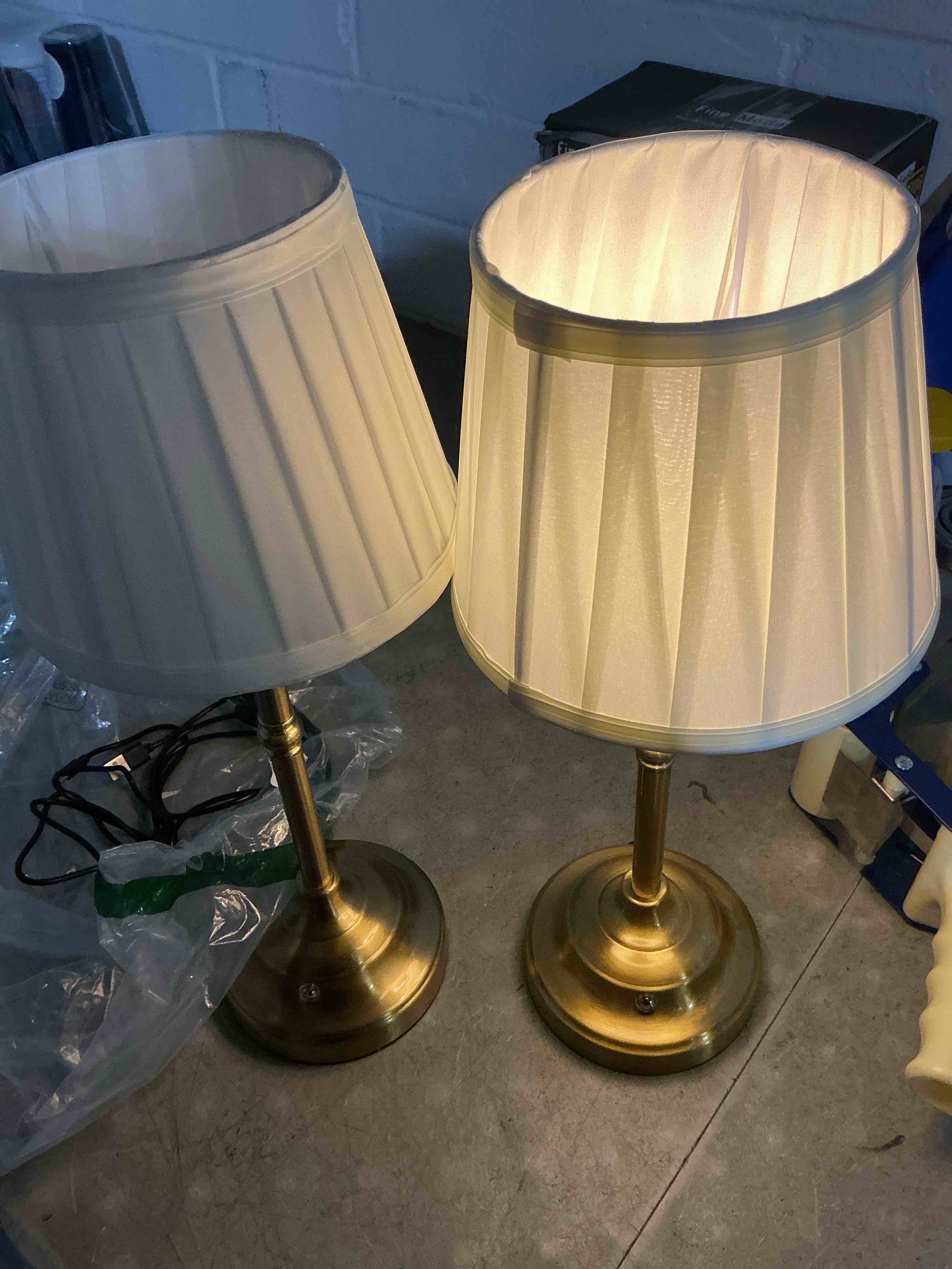 Condition photo showing As Is for kdg cordless led table lamp set of 2, portables fabric shade desk lamps, 4000mah rechargeable battery powered lighting, dimmable light for dining room, bedroom, bedside, night light, balcony (gold) gold + beige lampshde (2 pack)