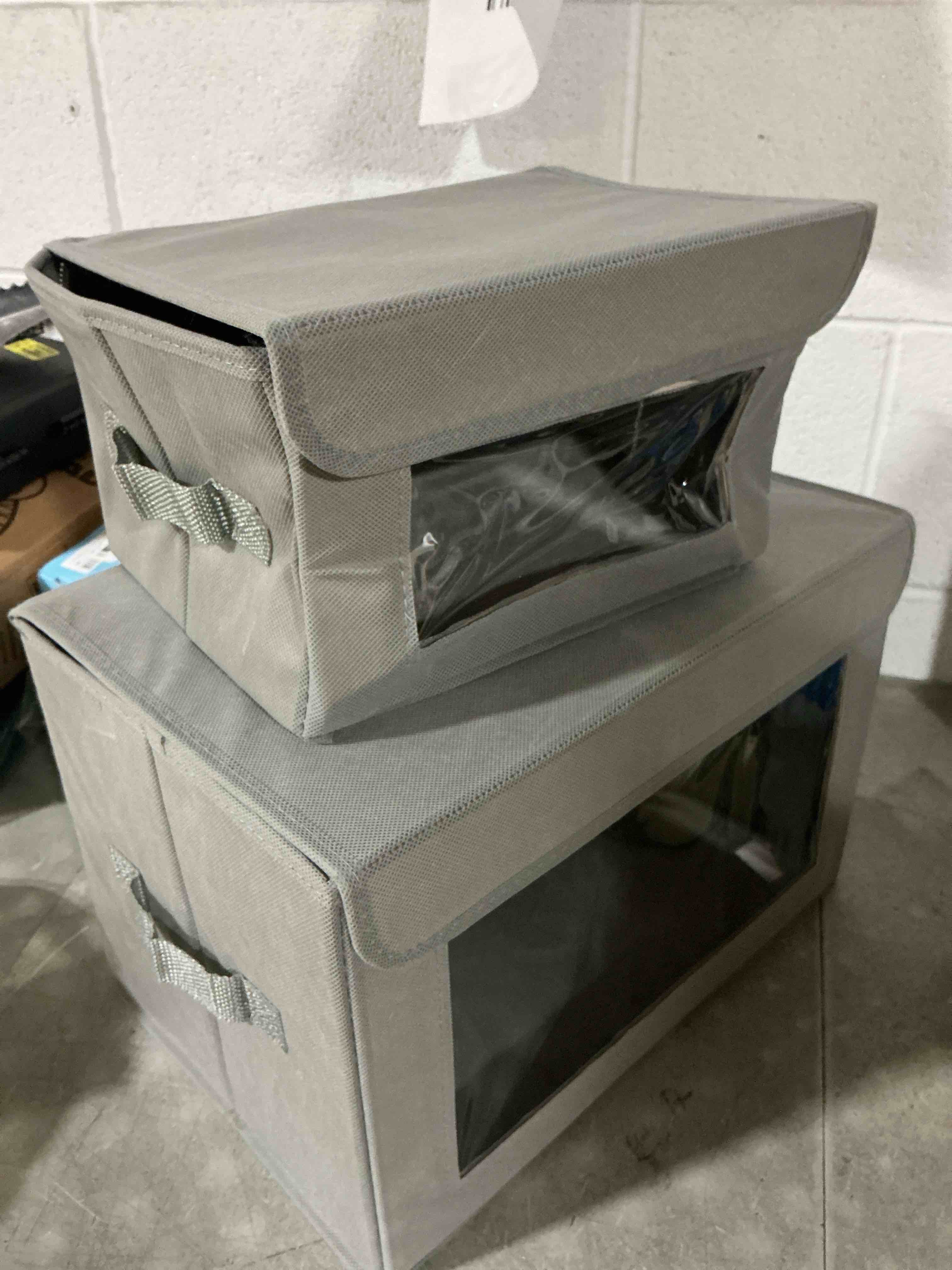 Condition photo showing Good Condition for storage bins for clothes, size 15 x 10 inch - 10 x 8 inch collapsible stackable closet organizer containers, storage boxes with lids,storage cube basket, clear windows & pu leather handles, pack of 2, 15 x 10 inch - 10 x 8 inch