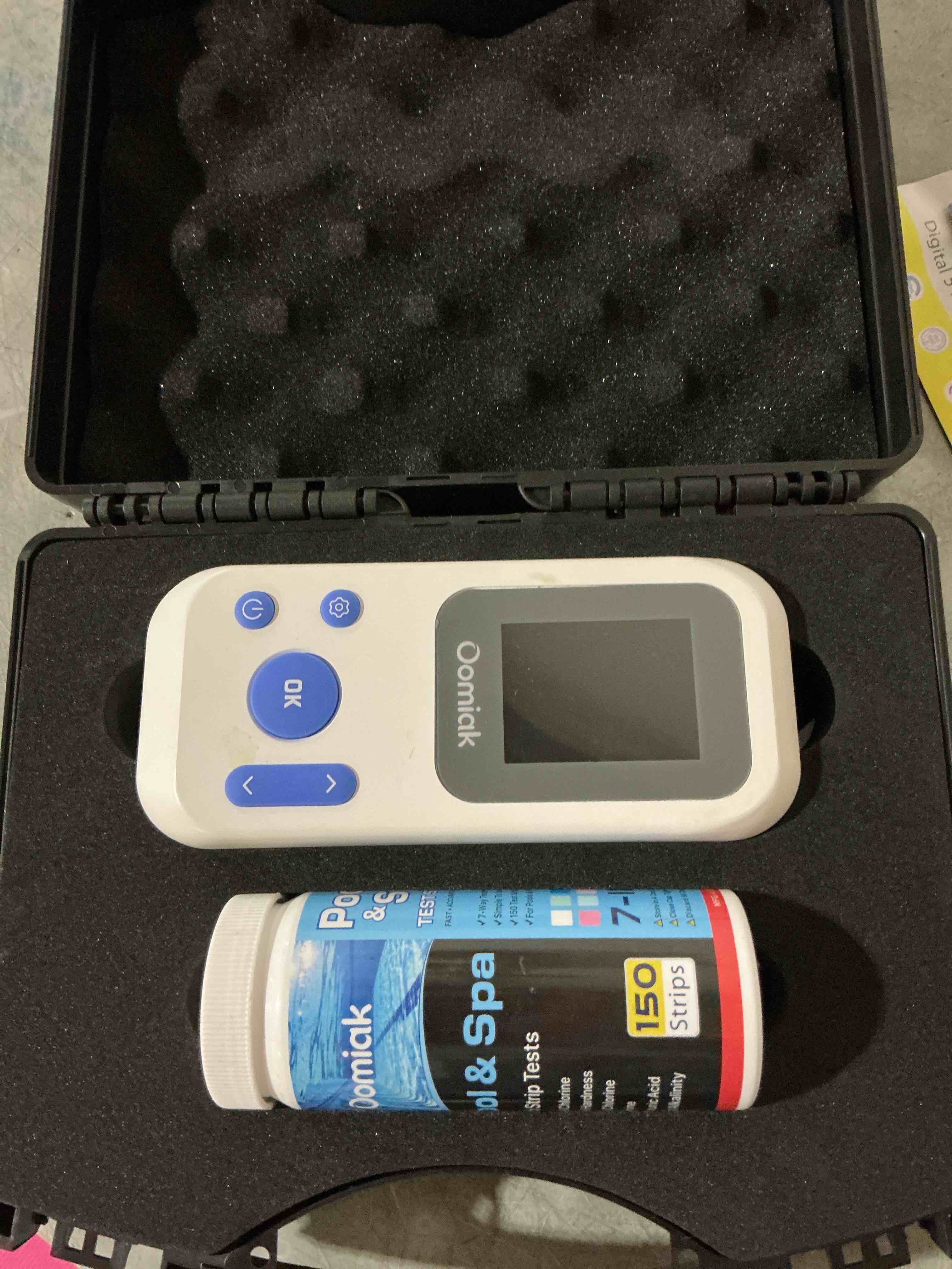 Condition photo showing As Is for digital pool water test kit with 150 test strips, oomiak 7-in-1 professional electronic water tester for cyanuric acid, total hardness, ph, chlorine, bromine, total alkalinity, for pool, spa & hot tub