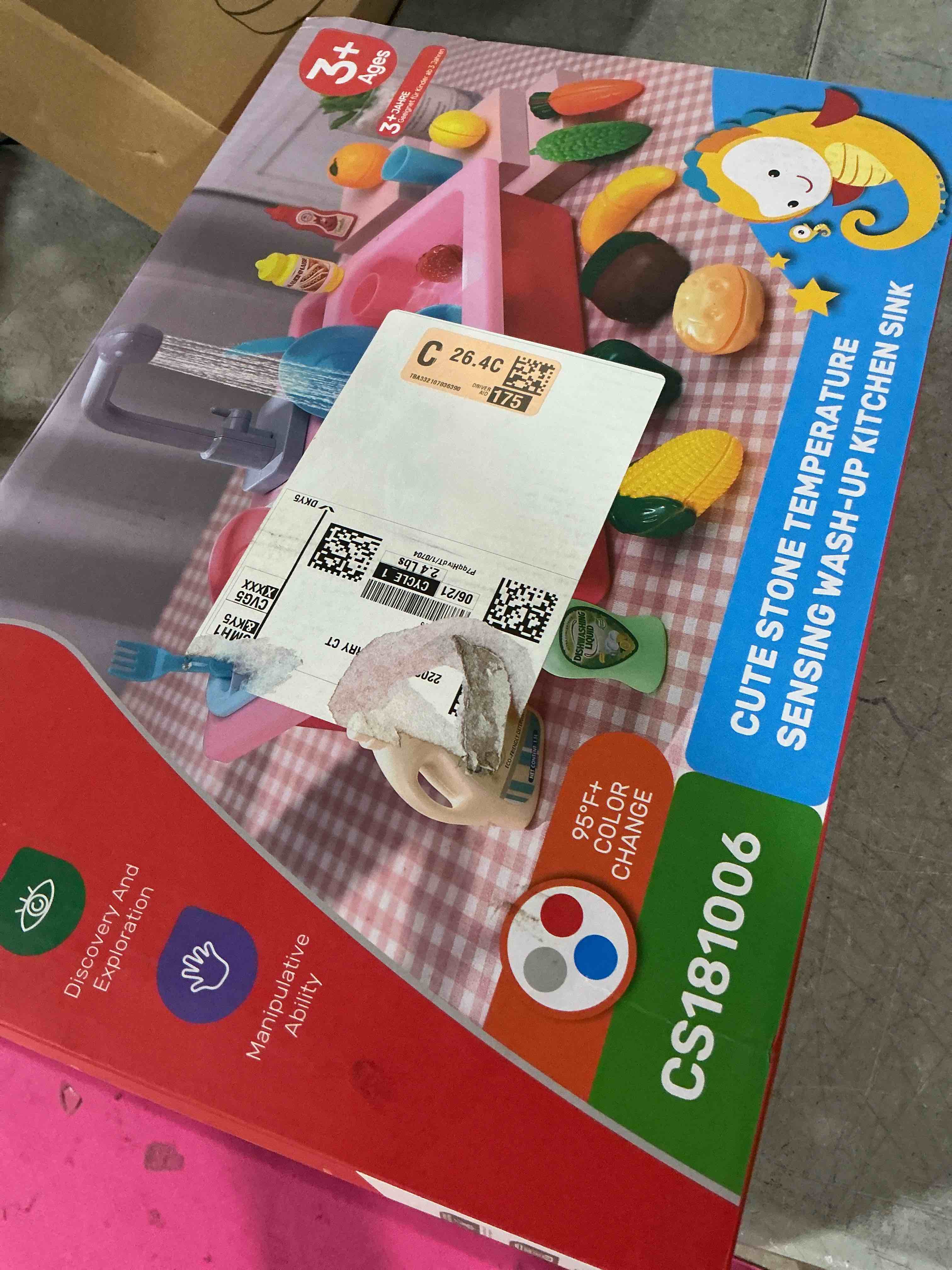 Condition photo showing New/Like New for cute stone color changing play kitchen sink toys, children electric dishwasher playing toy with running water,upgraded real faucet and play dishes,pretend role play toys for kids boys girls pink