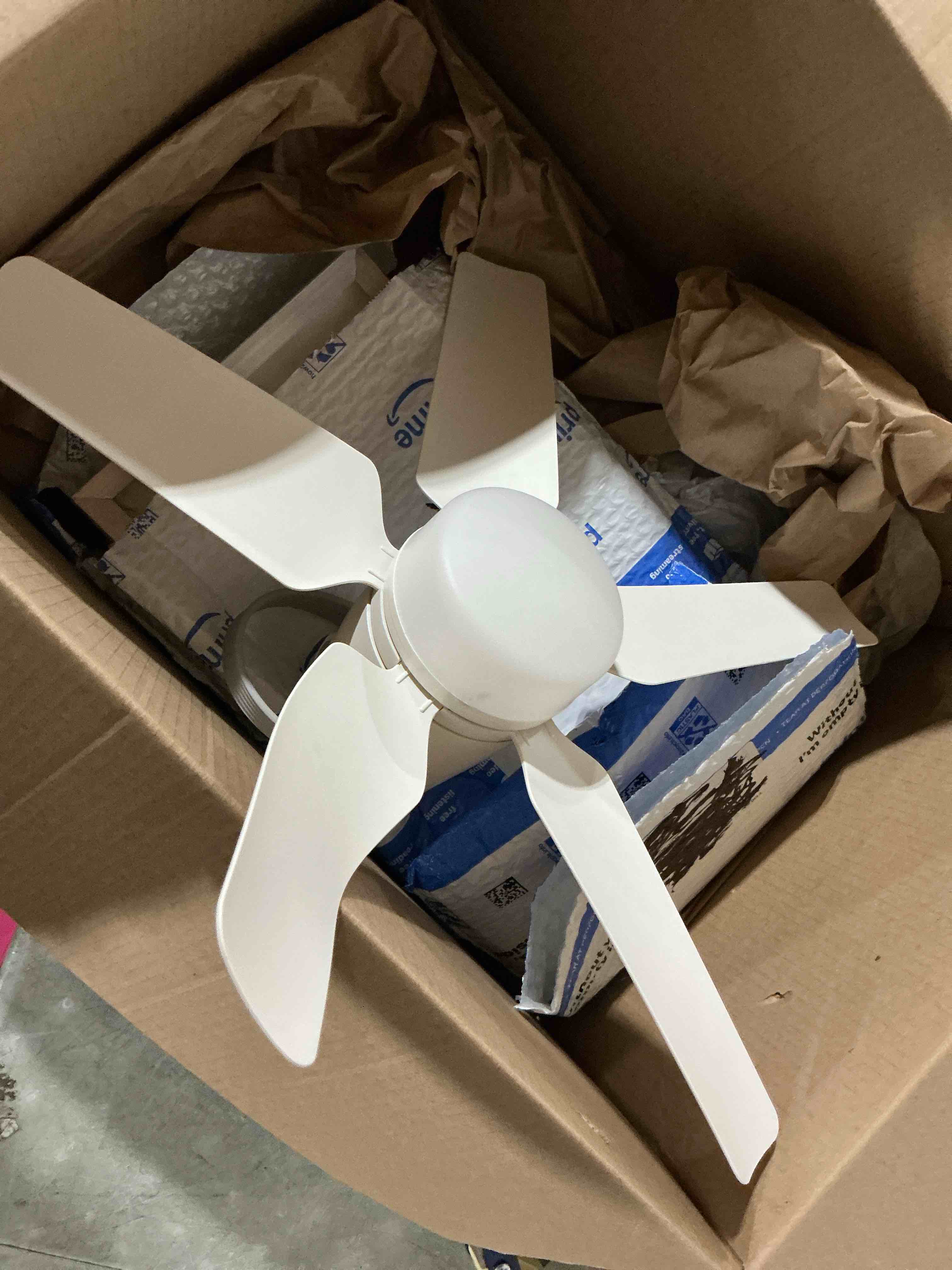 Condition photo showing As Is for 20” solar ceiling fan light, 20000mah ceiling fan with light & remote, portable wireless rechargeable camping fan for outside, gazebo, bedroom, greenhouse, patio, chicken coop, canopy, shed, rv, tent