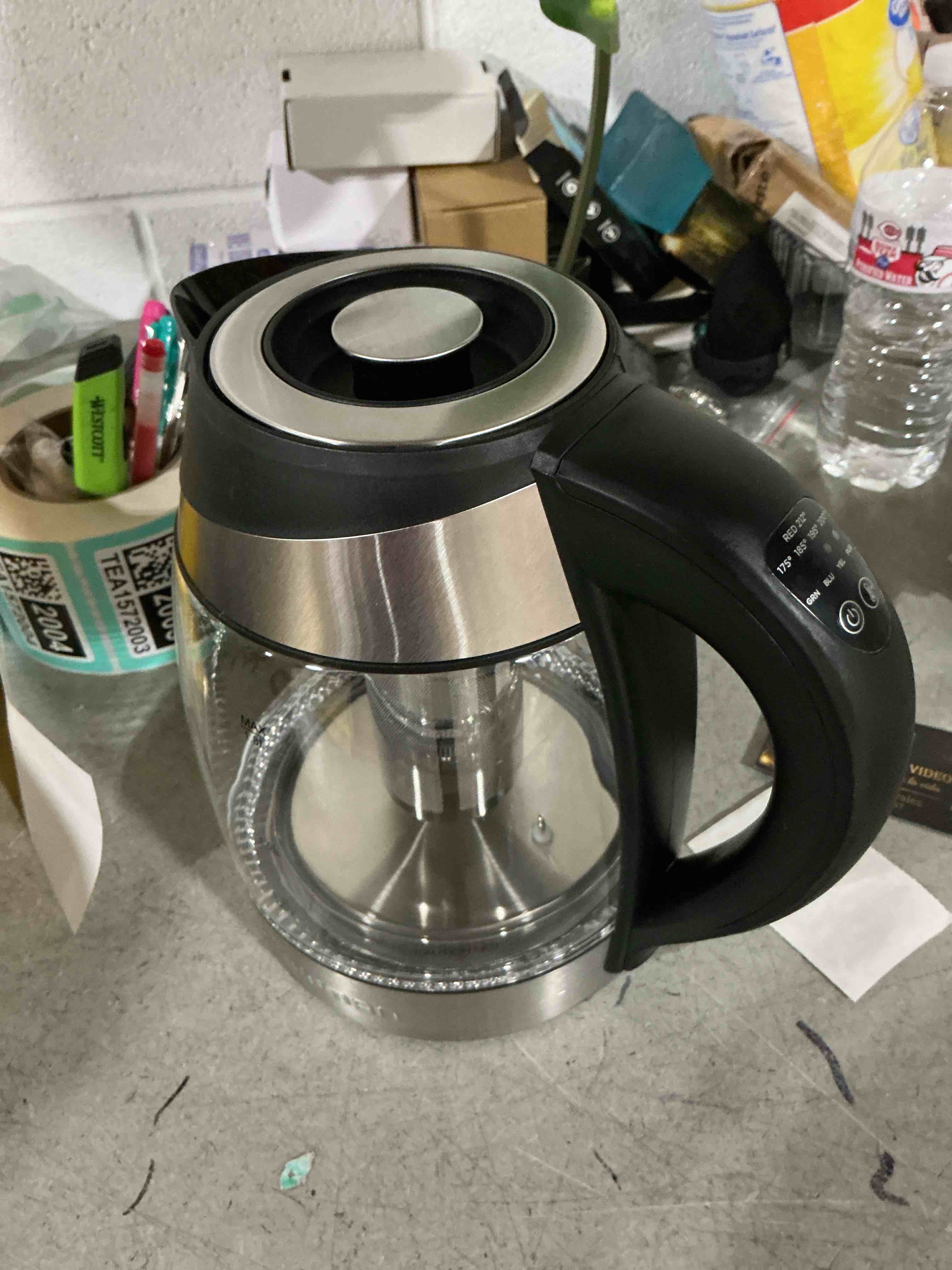 Condition photo showing As Is for chefman electric kettle with temperature control, 5 presets led indicator lights, removable tea infuser, glass tea kettle & hot water boiler, 360° swivel base, bpa free, stainless steel, 1.8 liters 1.8l - stainless steel - tea infuser - temperature control
