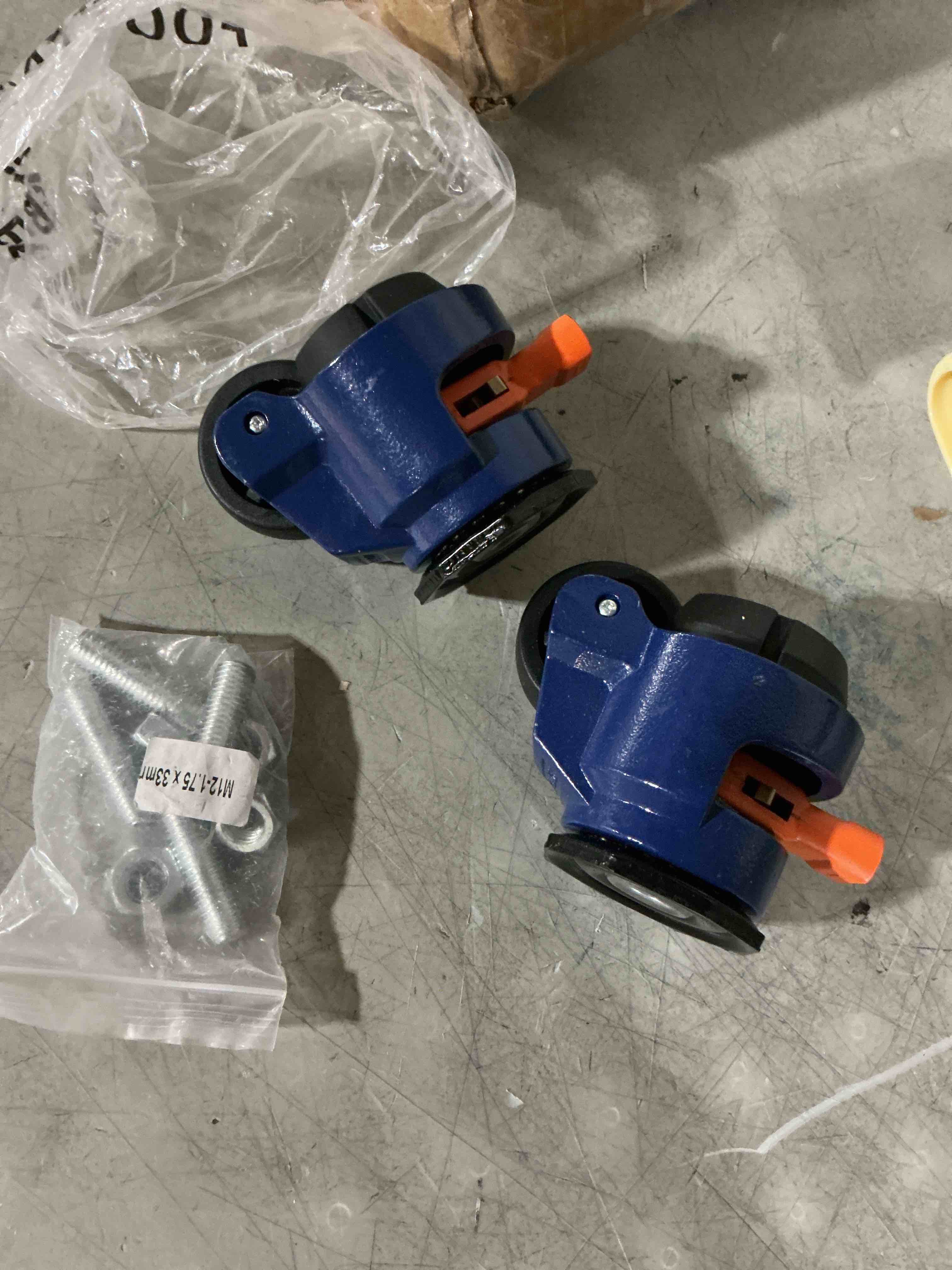 Condition photo showing As Is for (incomplete)leveling stem casters set of 2 heavy duty retractable caster wheels, 1/2" and m12 stem size, total capacity 660 lbs, adjustable wheel with ratchet handle for workbench, cabine, machine, etc 660 lbs total capacity