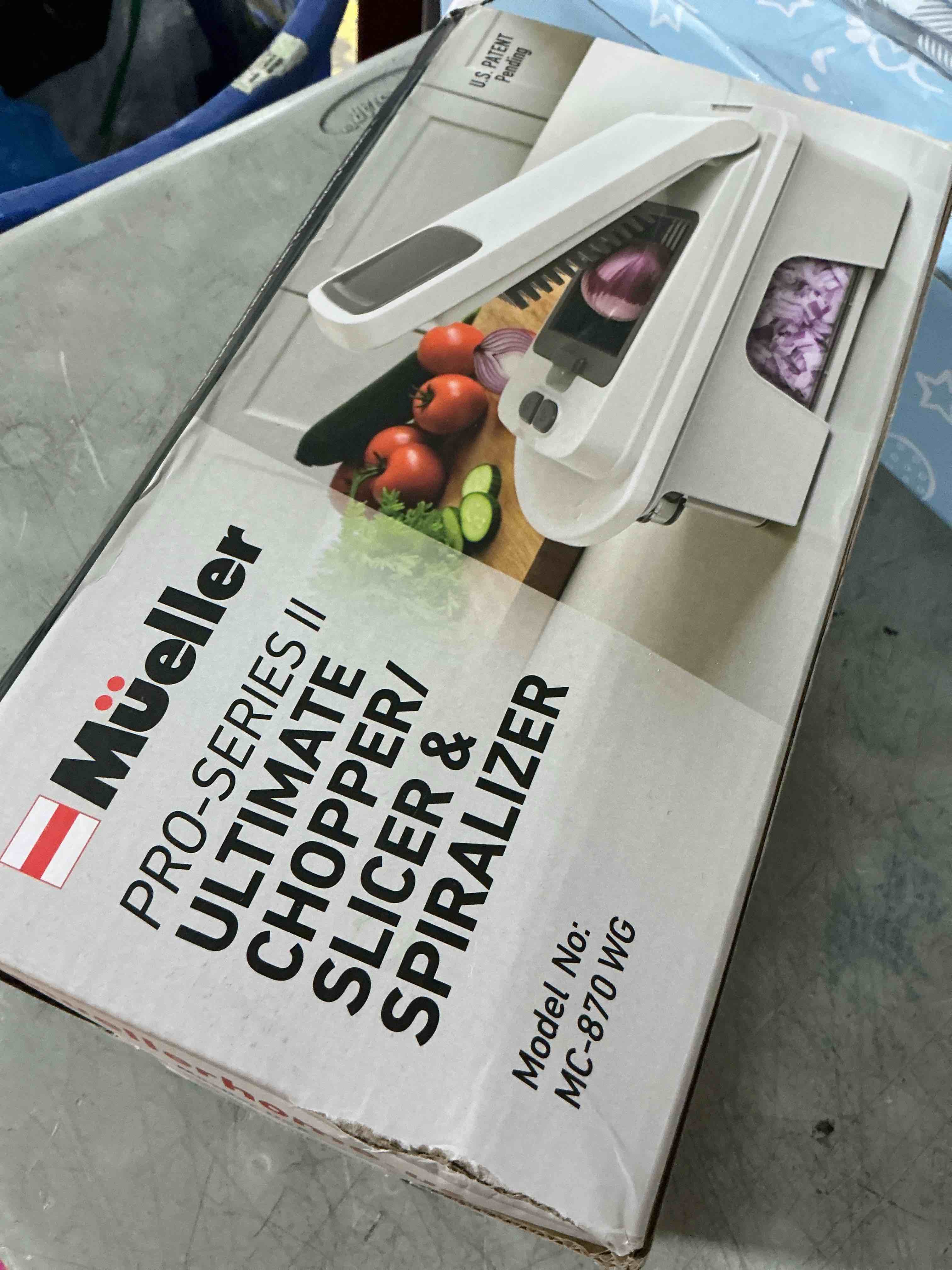 Condition photo showing Good Condition for mueller pro-series all-in-one, 12 blade mandoline slicer for kitchen | spiralizer, food chopper, vegetable slicer, cutter, dicer, grater, kitchen gadgets with container, white sand/gray 12 blade white sand/gray