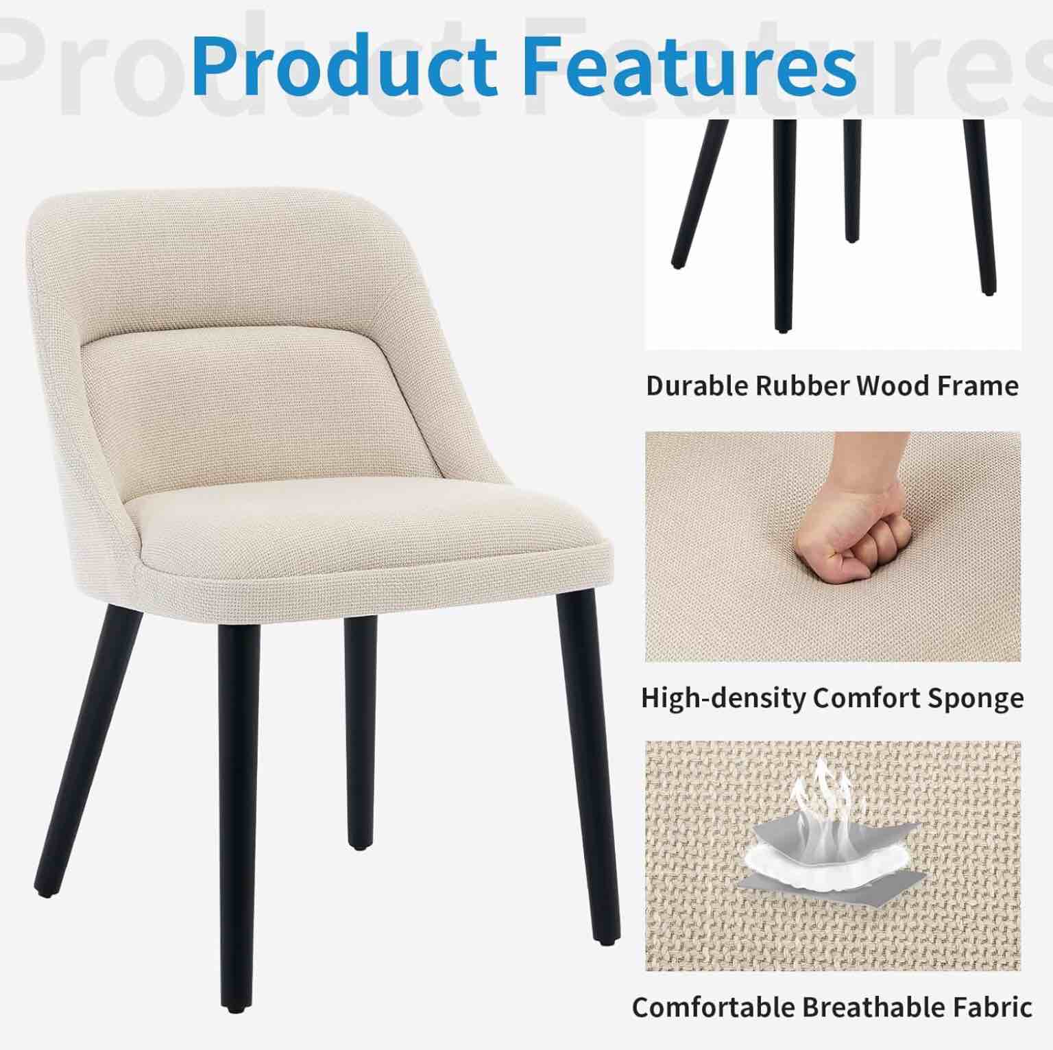 Condition photo showing New/Like New for dining room chairs set of 2, upholstered linen fabric dining chairs with wood legs, modern dining chairs for kitchen, dining room, cafe, living room, comfortable sillas para comedor(beige)