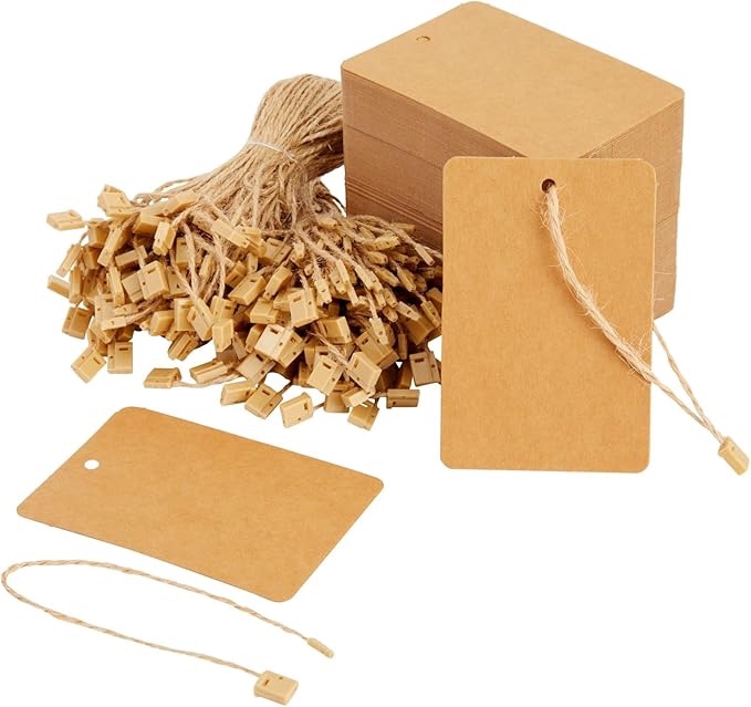 Blank Hang Tags with String and Fasteners, 2 x 3.5 in Cardstock Paper Tags for Labeling, Pricing, and Gifting - 500-Pack Black for Retail, Clothing, Gifts, and Craft Projects