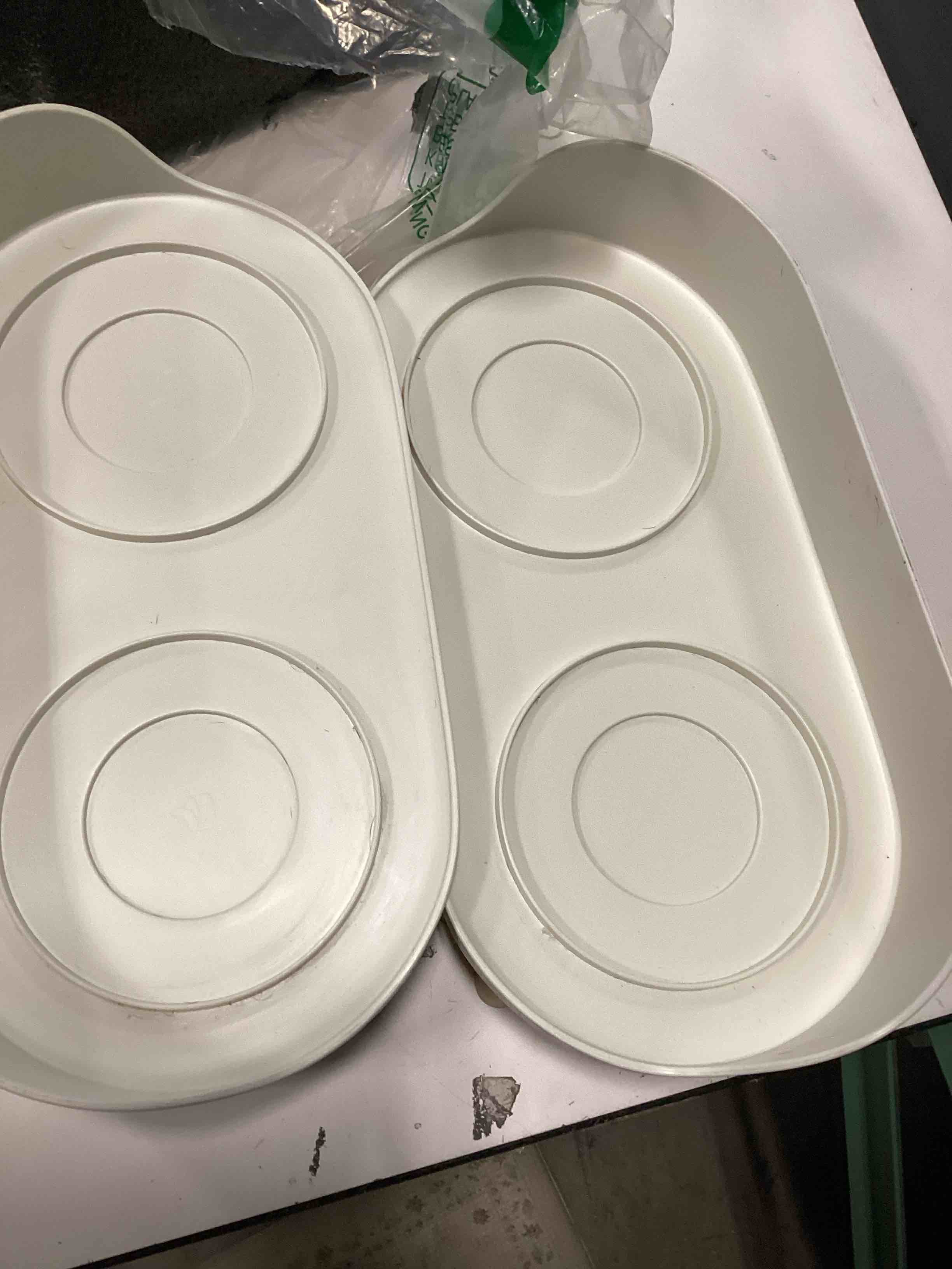 Condition photo showing As Is for 2 Pieces Raised Dog Feeder Bowl Stand - Elevated Dining Table for Small and Medium Dogs and Cats - Fits Food and Water Dish up to 6" Diameter - Milky White (Bowls Not Included)