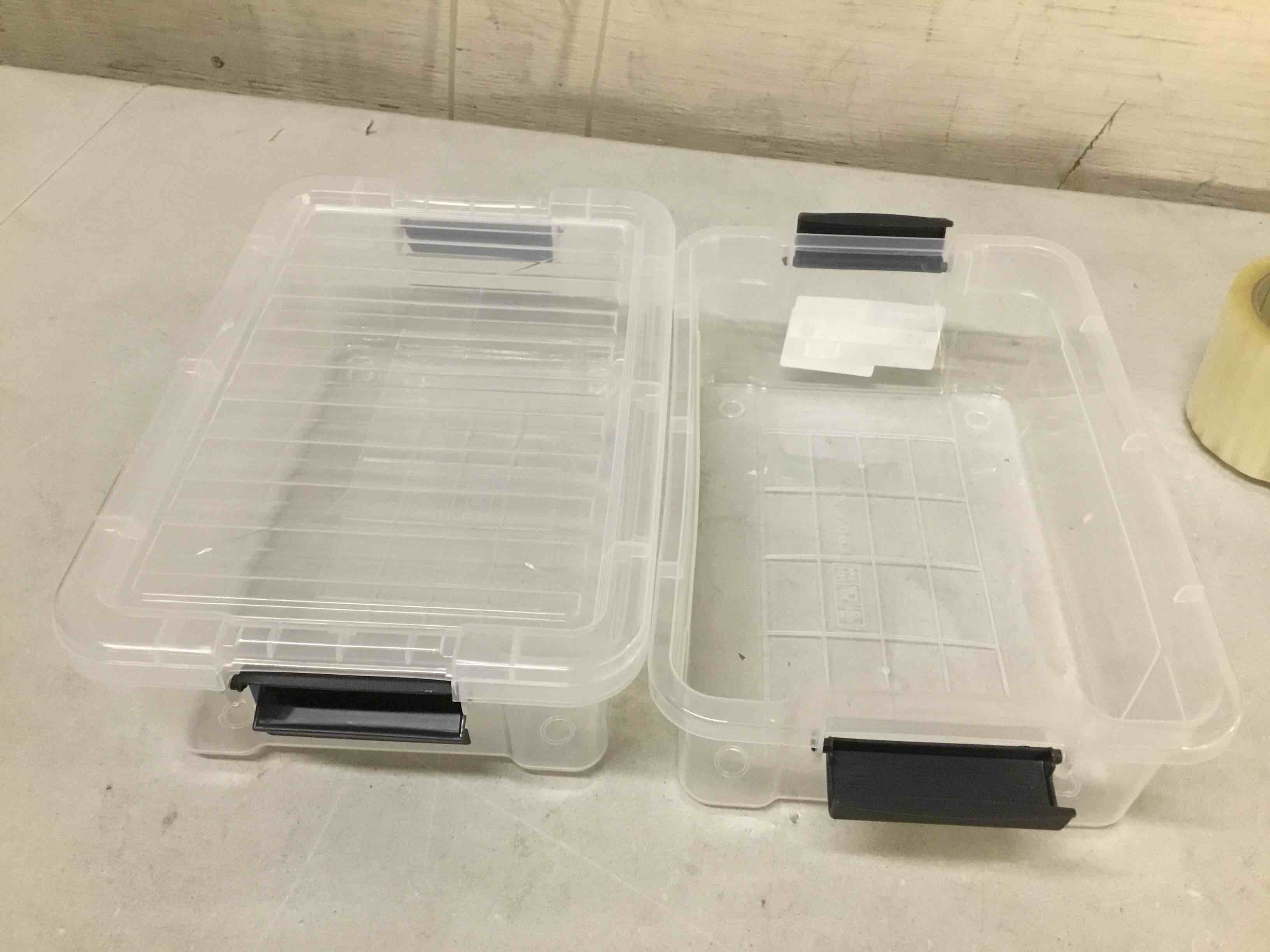 Condition photo showing As Is for ( incomplete missing one lid ) superio clear storage boxes with lids, 4.5 quart plastic container bins for organizing, stackable crates, bpa free, non toxic, odor free, organizers for home, office, school, and dorm, 2 pack 4.5 quart 2 pack