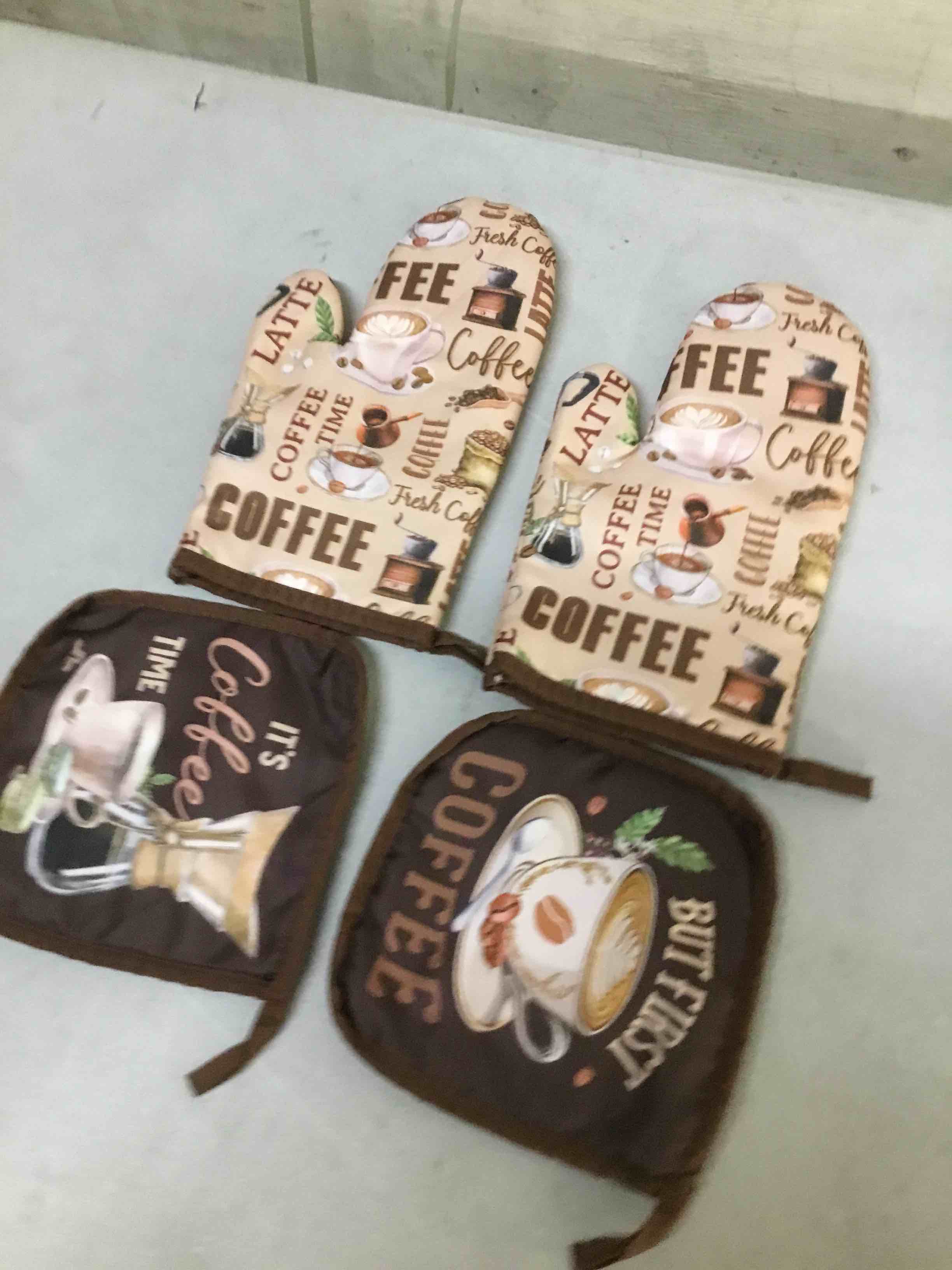 Condition photo showing As Is for ( incomplete) fourluoo 10 pcs coffee kitchen decor and accessories brown oven mitts and pot holders set coffee dish towels brown kitchen rugs and mats for chef baking cooking grilling bbq women gift brown coffee