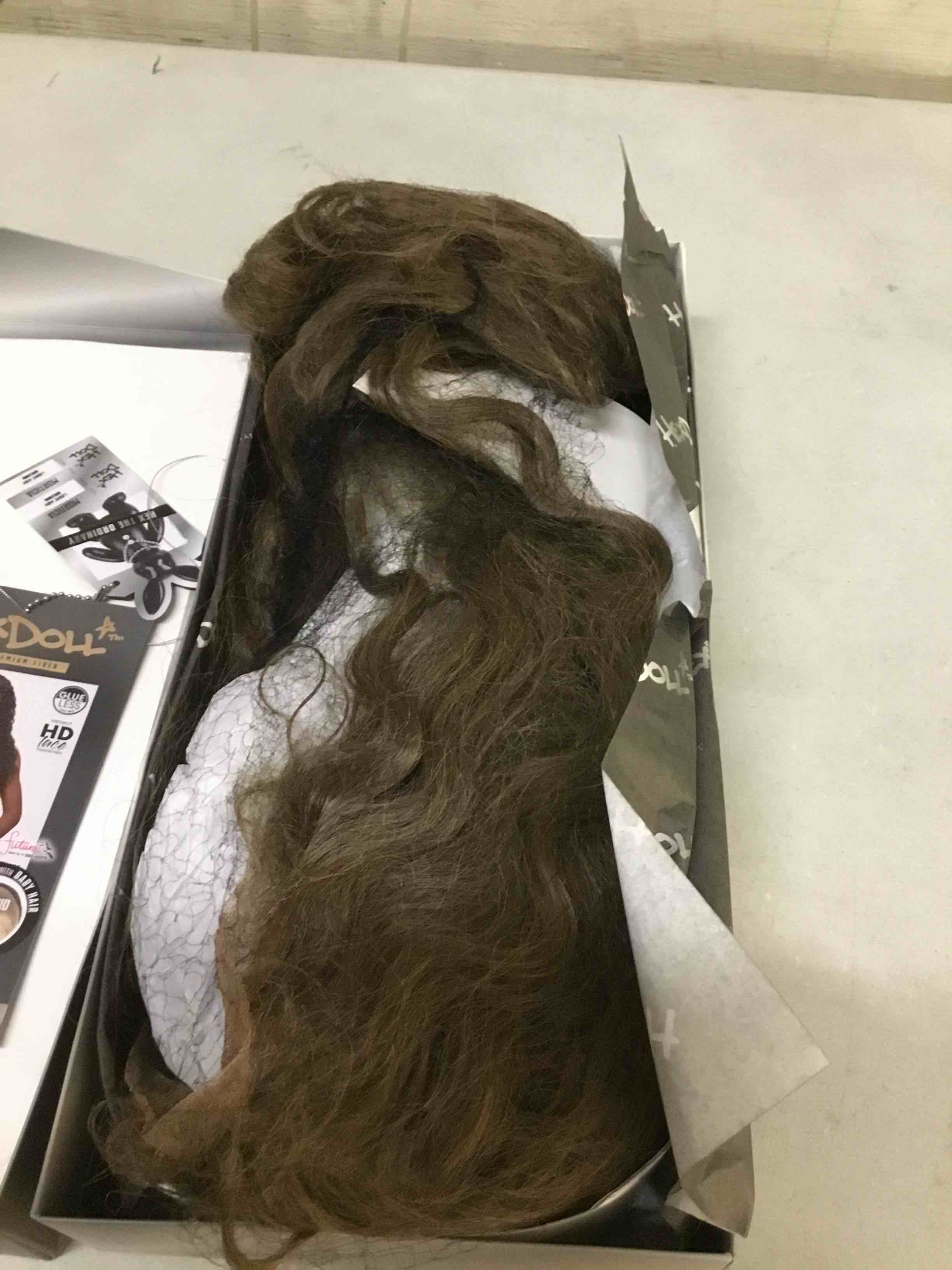 Condition photo showing As Is for sensationnel hexdoll 13x4 lacewig-morticia, light ash brown | lace front, synthetic, glueless, natural density pre-plucked hairline
