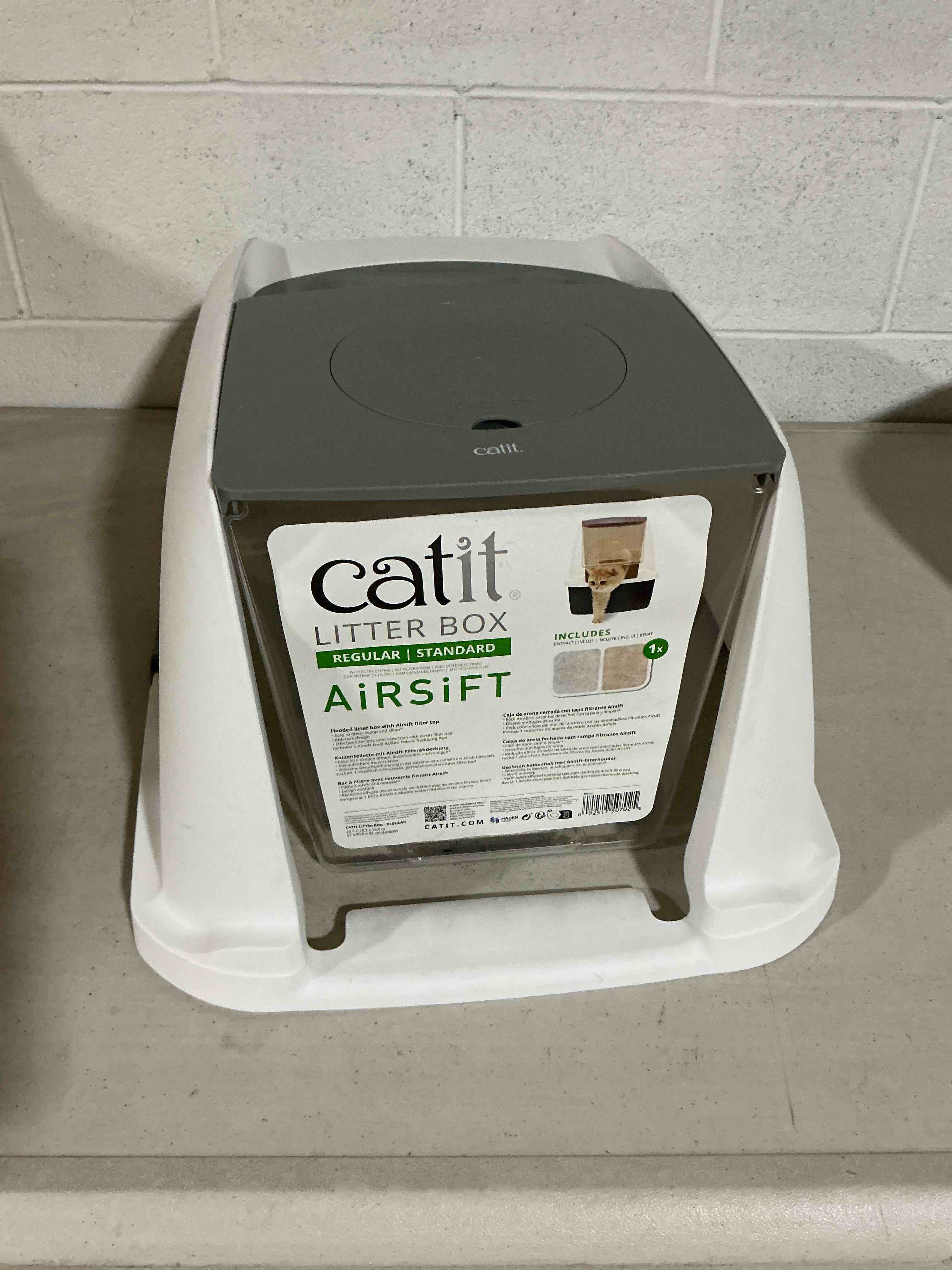 Condition photo showing As Is for catit airsift litter pan large – covered cat litter box with dual-action odor control leak preventing design – includes filter pad, easy to clean, reduces litter tracking - 22.4” l x 18.3” h x 15.3” w white/gray large (54.5 x 41.5 x 46 cm) only the top part