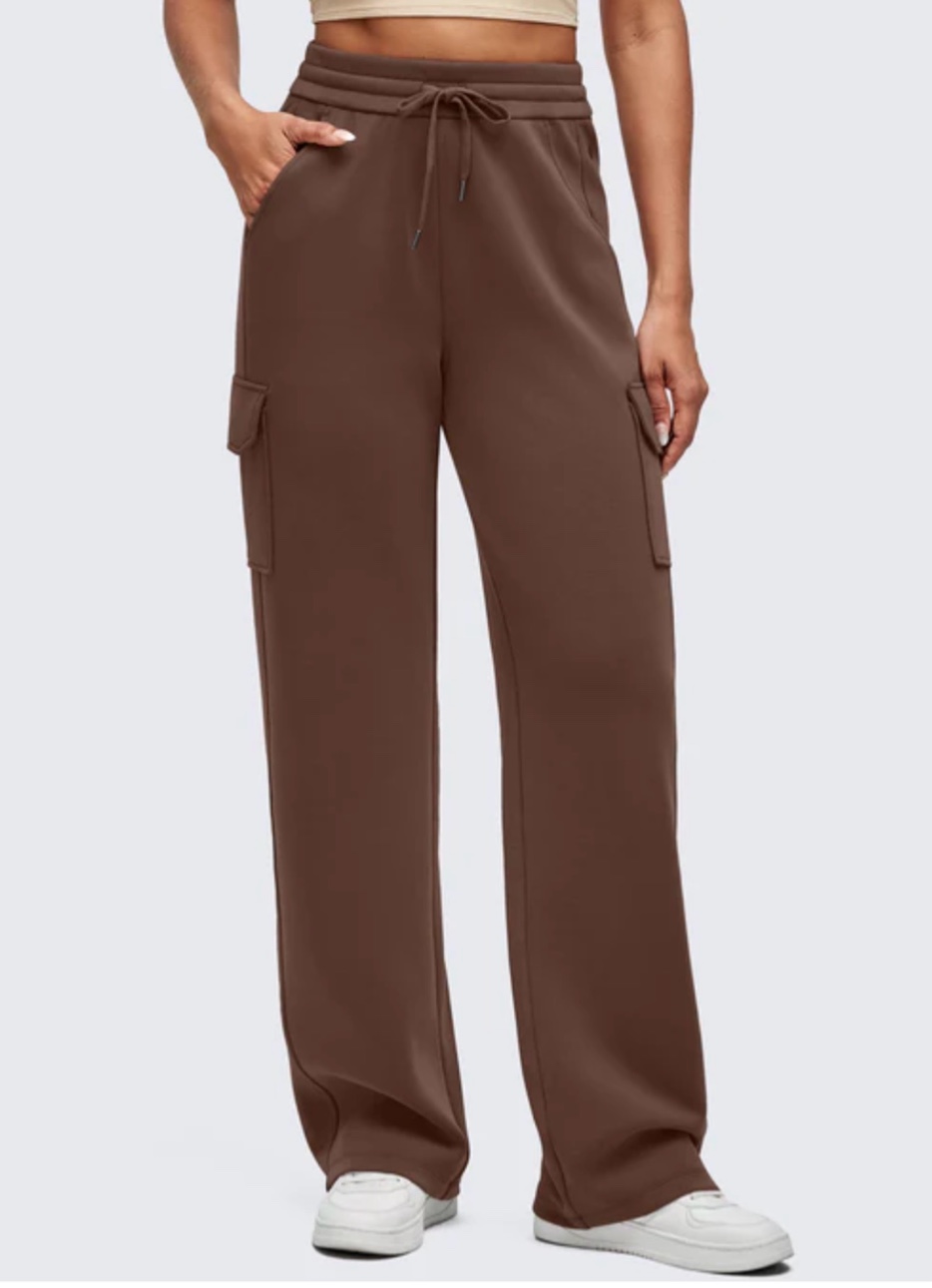women's fleece cargo joggers - multi-pockets, elastic drawstring waist, warm winter daily wear, chocolate lab heather, large size heather small. (similar stock photo)