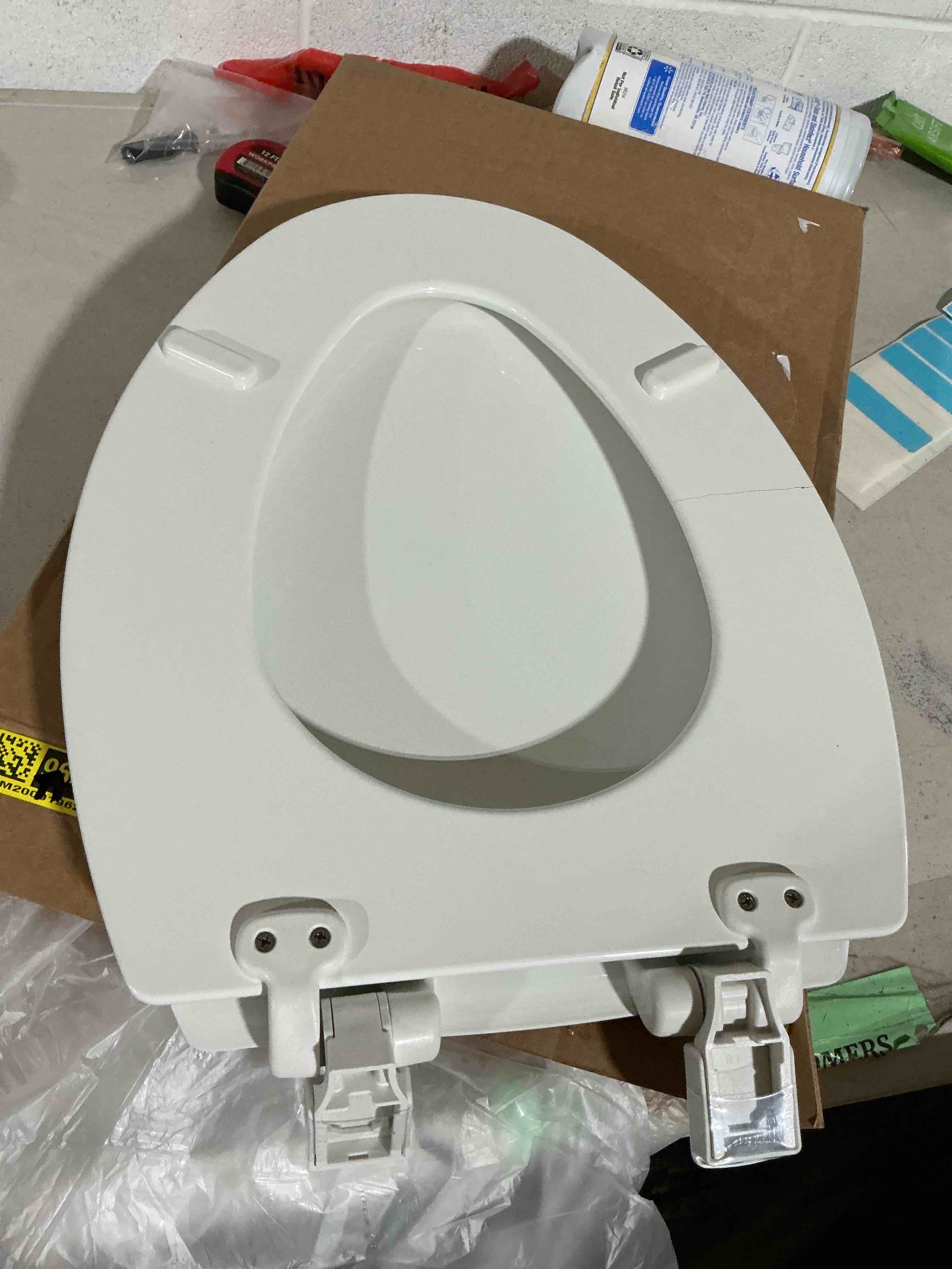 Condition photo showing As Is for mayfair cassel slow close toilet seat, easy clean, non slip premium wood seat, easy install, made in usa, elongated, white elongated 1 - toilet seat