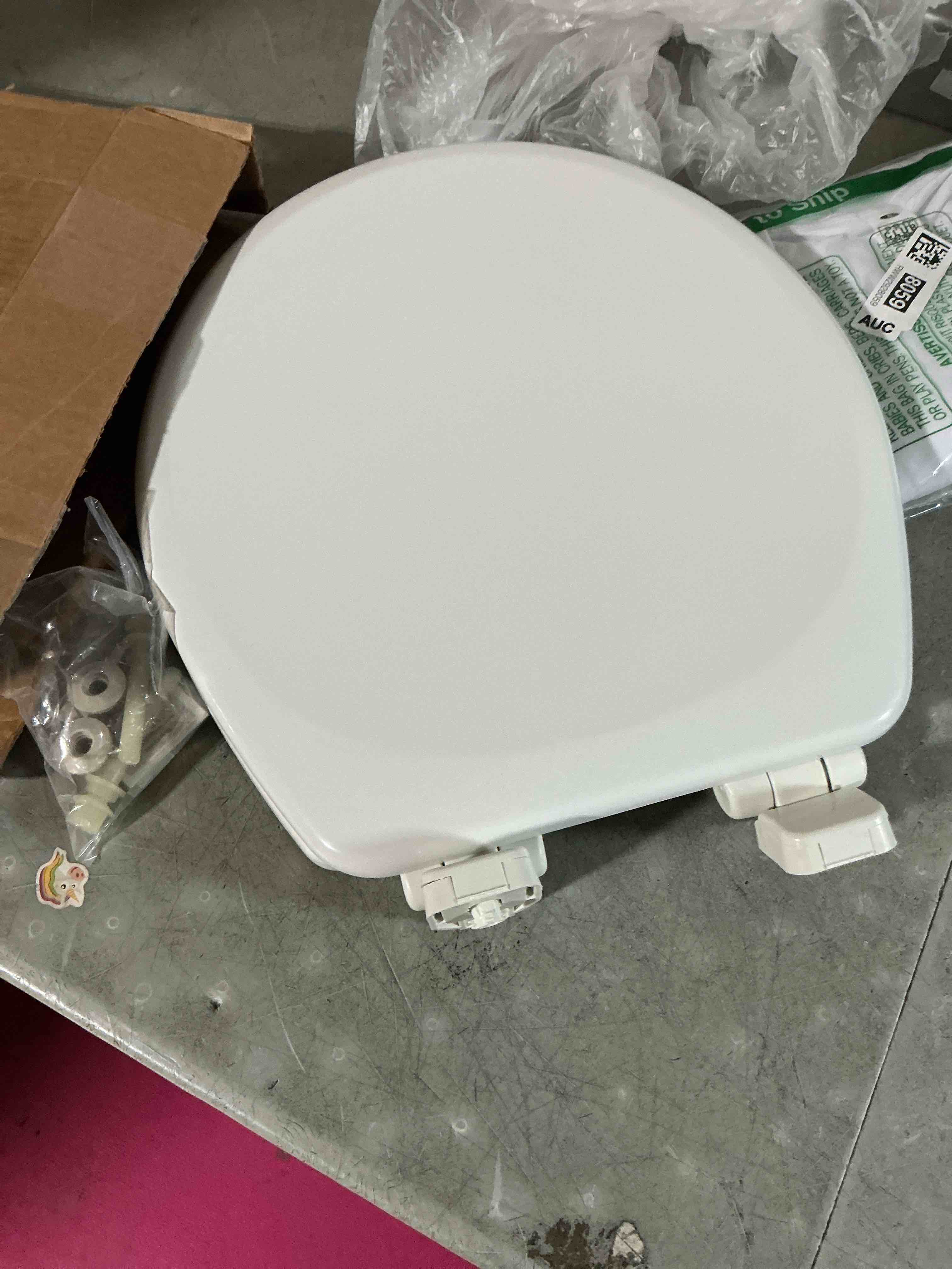 Condition photo showing As Is for mayfair linden slow close toilet seat, non slip heavy duty wood, easy install, round, white round traditional hinge