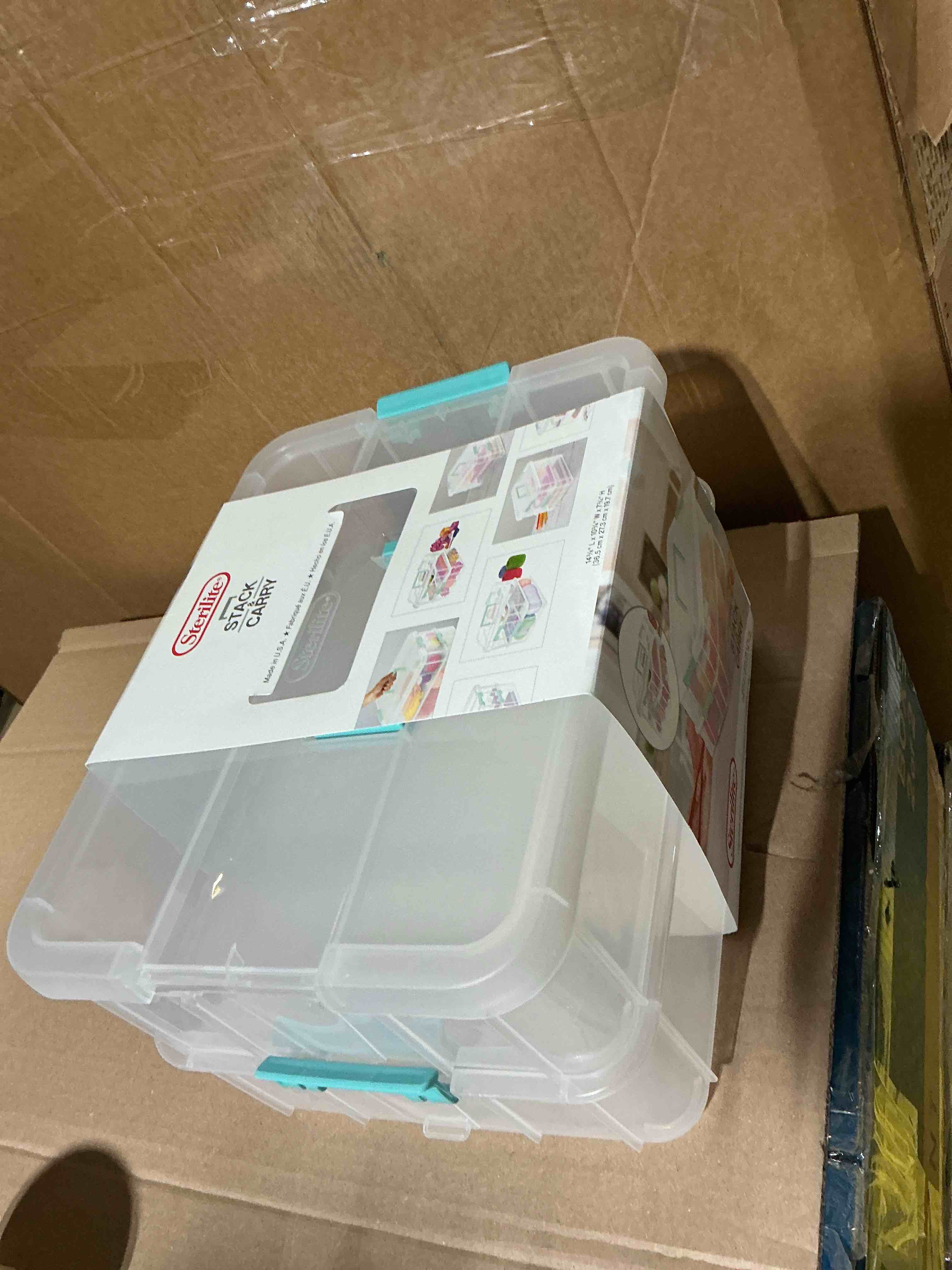 Condition photo showing As Is for sterilite 1427clr stack & carry - 2 layer box, clear lid & blue handle, see-through layers