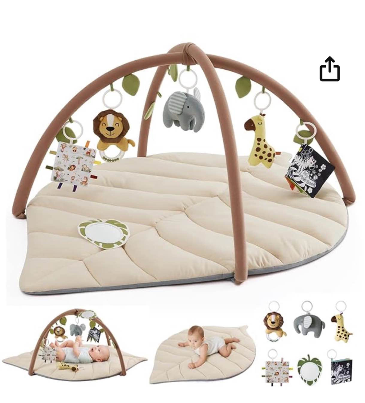 blissful diary baby play gym & activity mat, leaf shaped baby tummy time play mat with 6 detachable toys, promotes motor skills & sensory development, newborn baby essentials gift, oatmeal beige