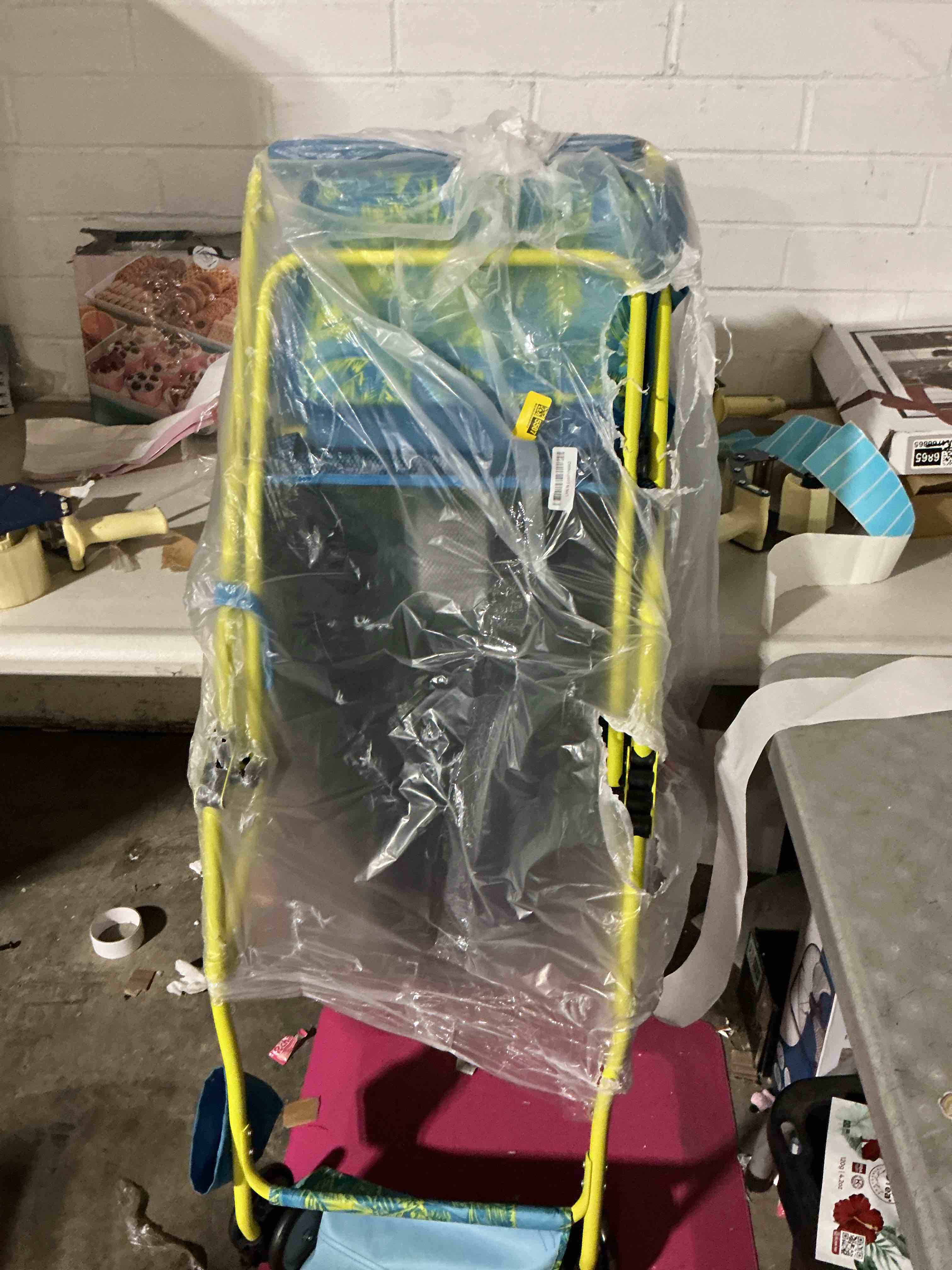 Condition photo showing As Is for beach cart with big wheels for sand, collapsible all-terrain beach wagon with cooler bag & umbrella holder, large mesh storage, supports 100lbs for camping, outdoor, shopping, blue palm print beach cart