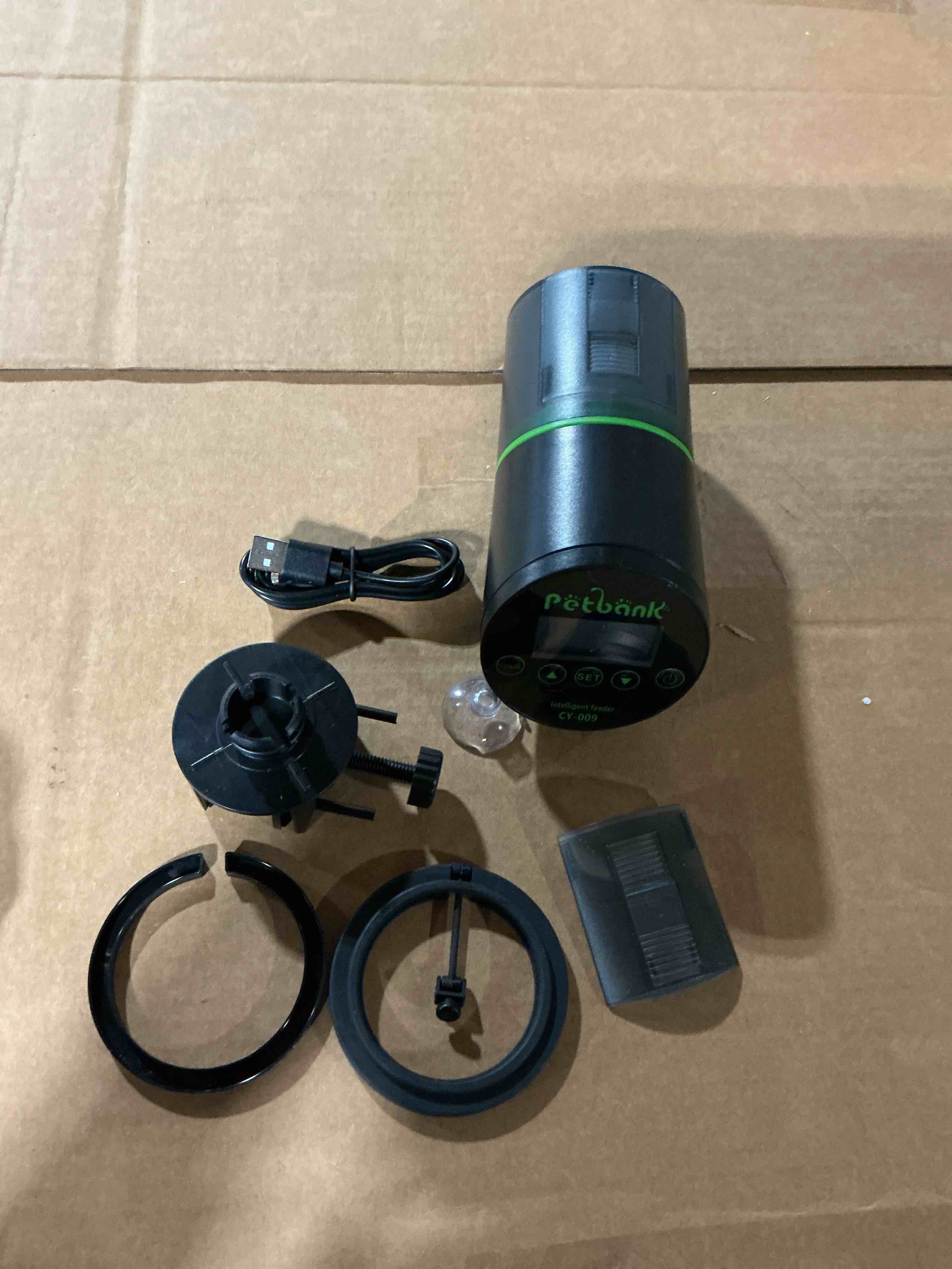 Condition photo showing As Is for automatic fish feeder - rechargeable timer fish feeder with usb charger cable, fish food dispenser for aquarium or fish tank black cy-009-lcd screen
