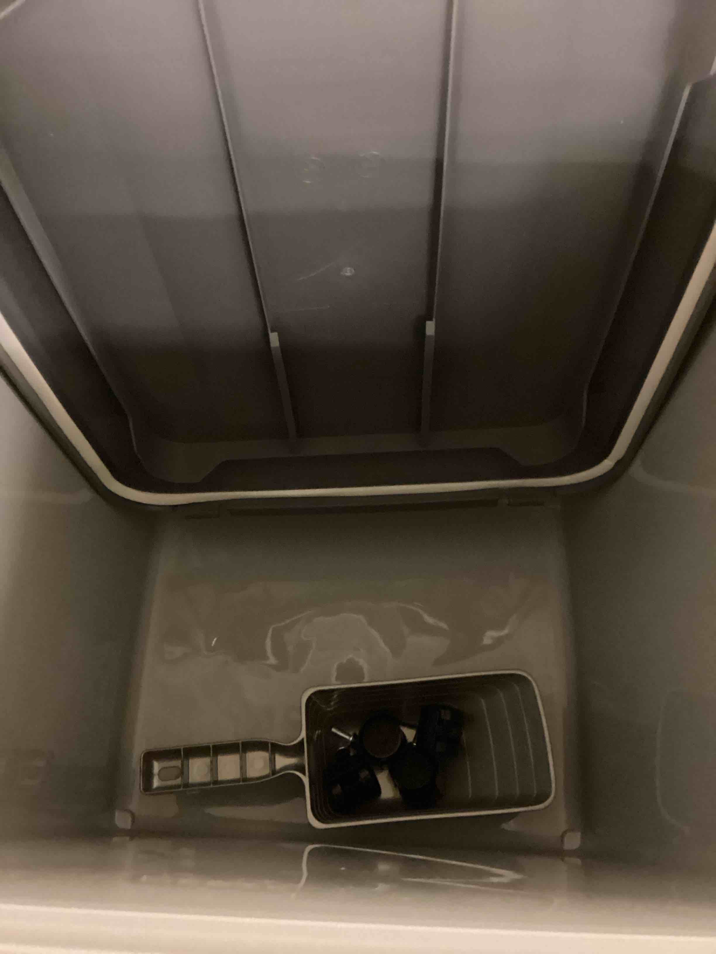 Condition photo showing New/Like New for iris usa dog food storage container with wheels, airtight lid, 2-cup scoop, up to 54 pounds pet food storage, built in scoop storage in lid, versatile pet food bin, portable, bpa free, gray/dark gray 54 lbs dark gray