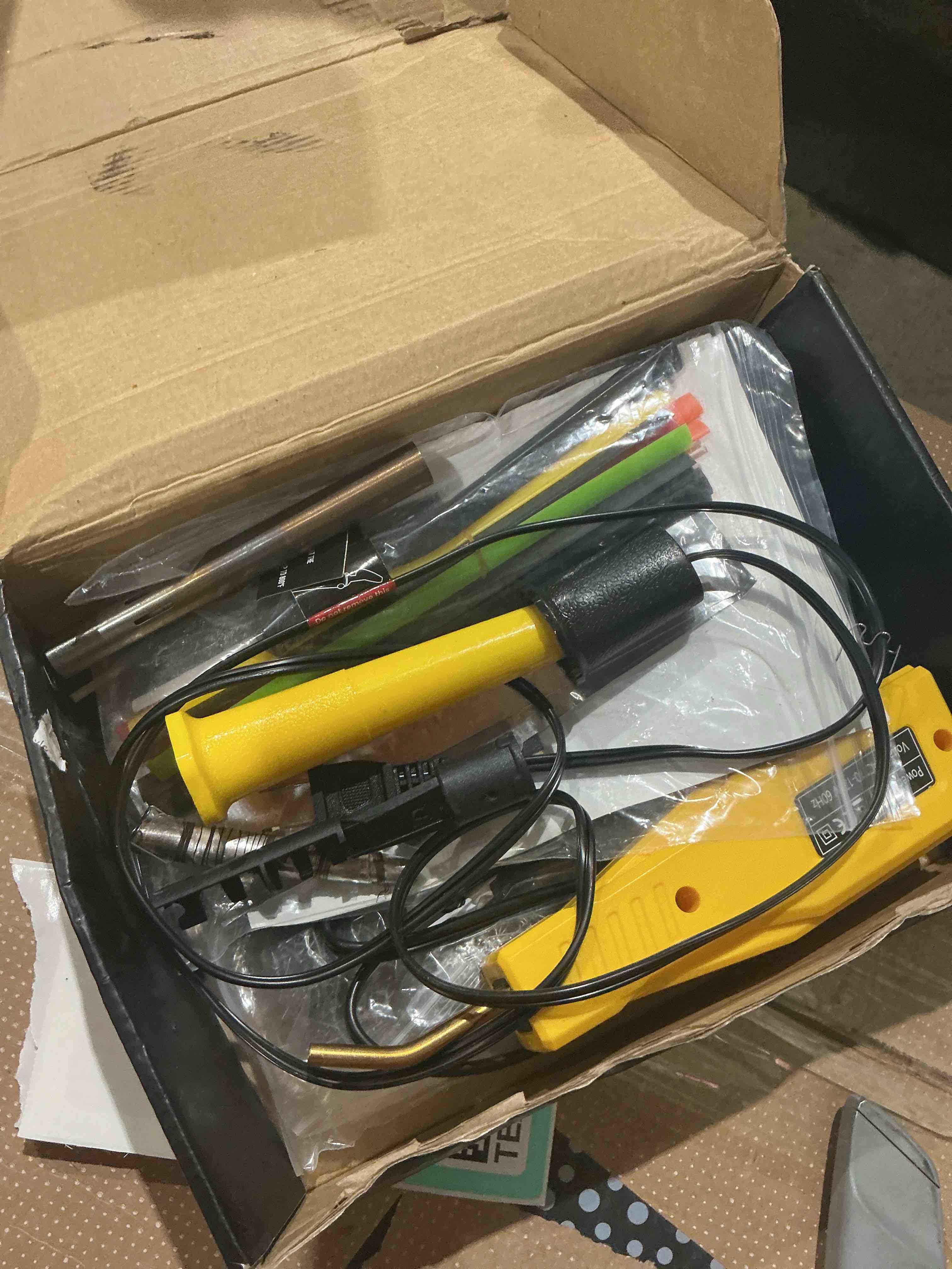 Condition photo showing As Is for rx weld plastic welder, 2 in 1 plastic welding kit repair welder 1000pcs hot stapler for car bumper cracks, kayaks, plastic toys, patent number d1052628 yellow