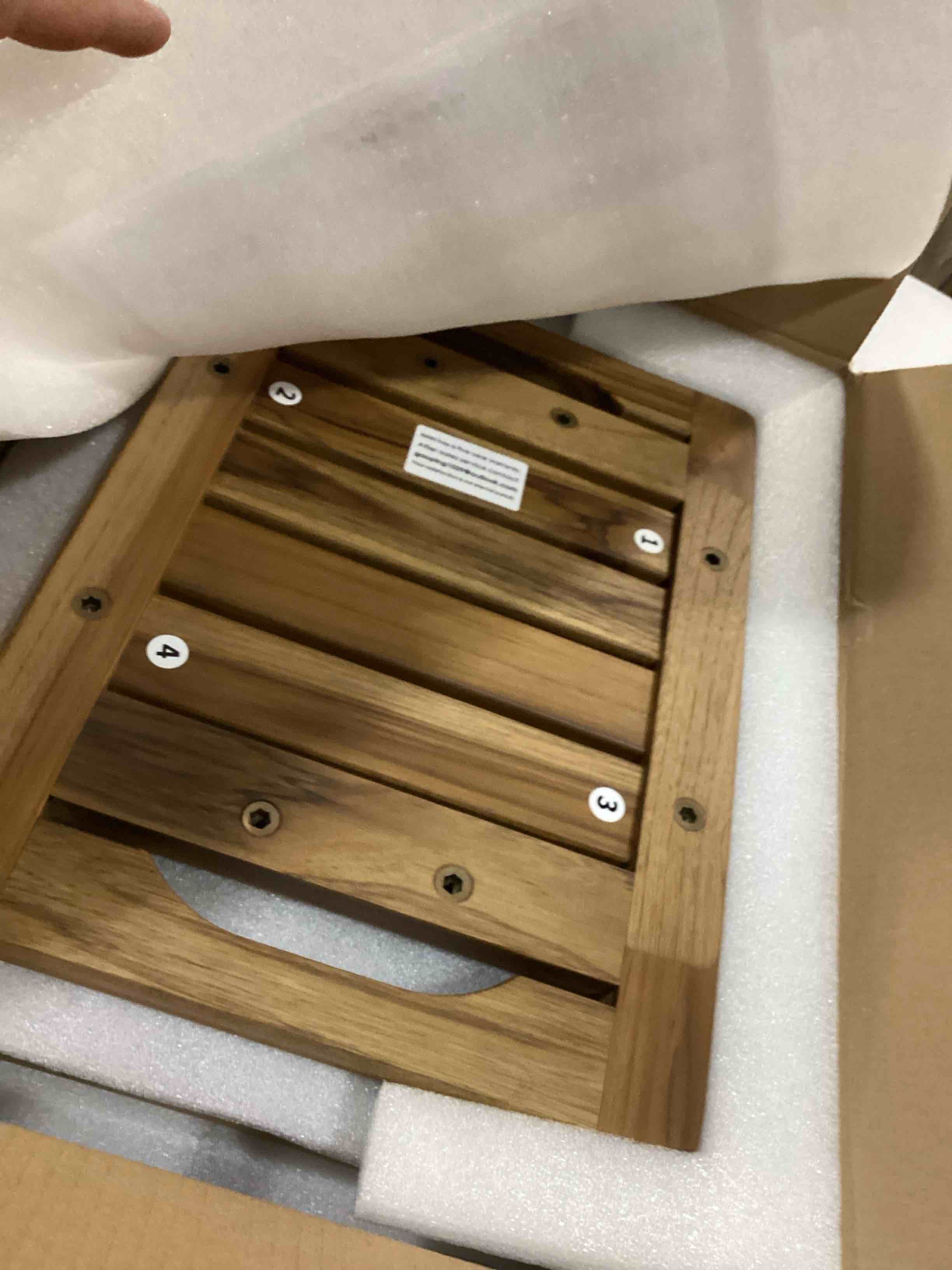 Condition photo showing Good Condition for 14" compact teak shower stool with shelf & handle - waterproof, non-slip bath bench for small bathrooms/tub/outdoor use, 300 lbs capacity (patented) 14"w x 10" dx 17"h