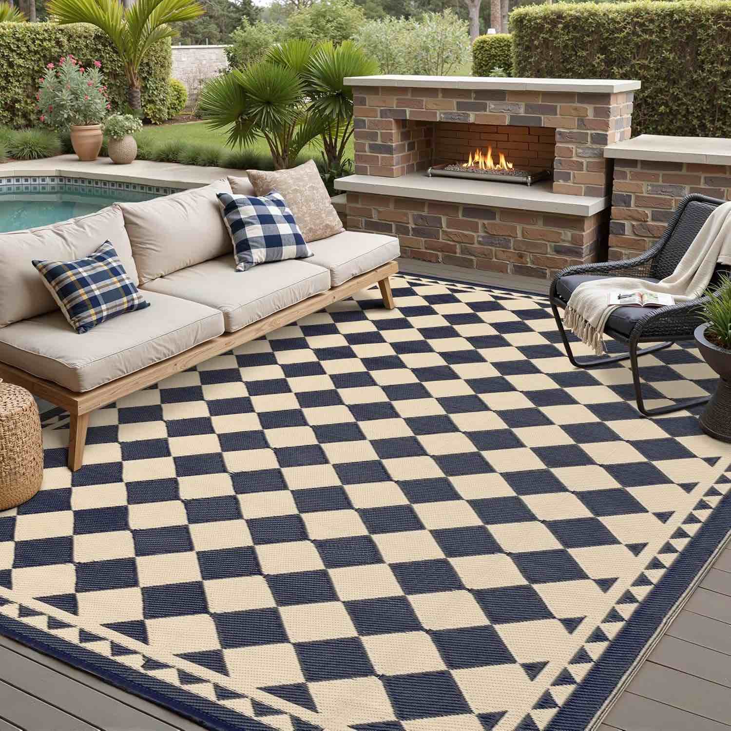 Outdoor Rug Waterproof Portable Modern Geometric Patio Rug for Camping Deck size large 