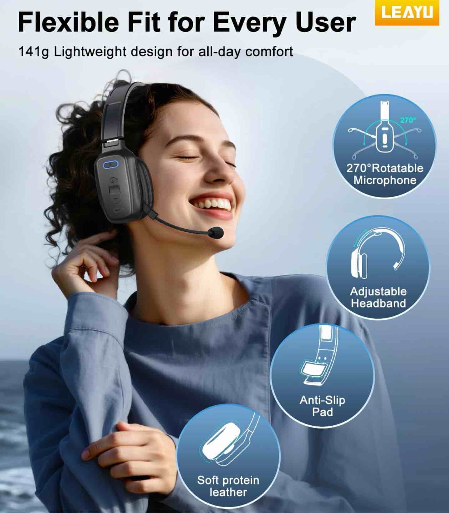 bluetooth headset, 60hrs ai noise canceling v5.2 over head headphones, single ear trucker wireless headset with mic, mute button, multipoint, for phones pc computer truck driver office work - black carbon