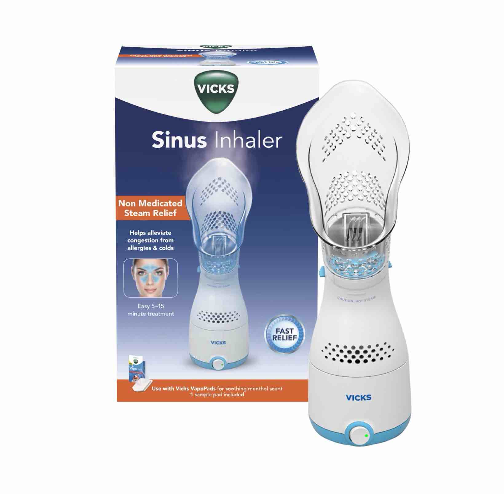 vicks sinus inhaler - non-medicated steam relief for allergies, congestion, cough & colds, facial steamer, soothes nasal & throat passages, use with vapopads (1 included), fsa & hsa eligible